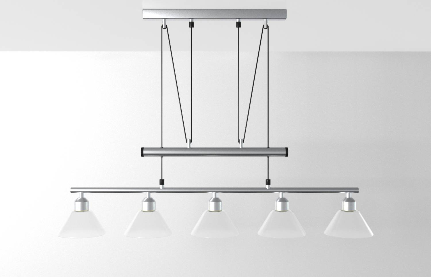 Modernes Deckenleuchten-Set mit fünf kegelförmigen Pendelleuchten, die an einer horizontalen Metallstange hängen.