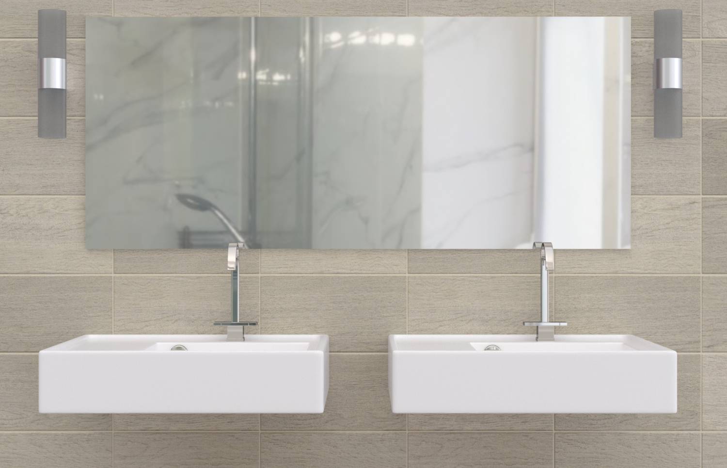 Modernes Badezimmer mit zwei rechteckigen wandmontierten Waschbecken, Chromarmaturen, einem großen Spiegel und Wandleuchten darüber.
