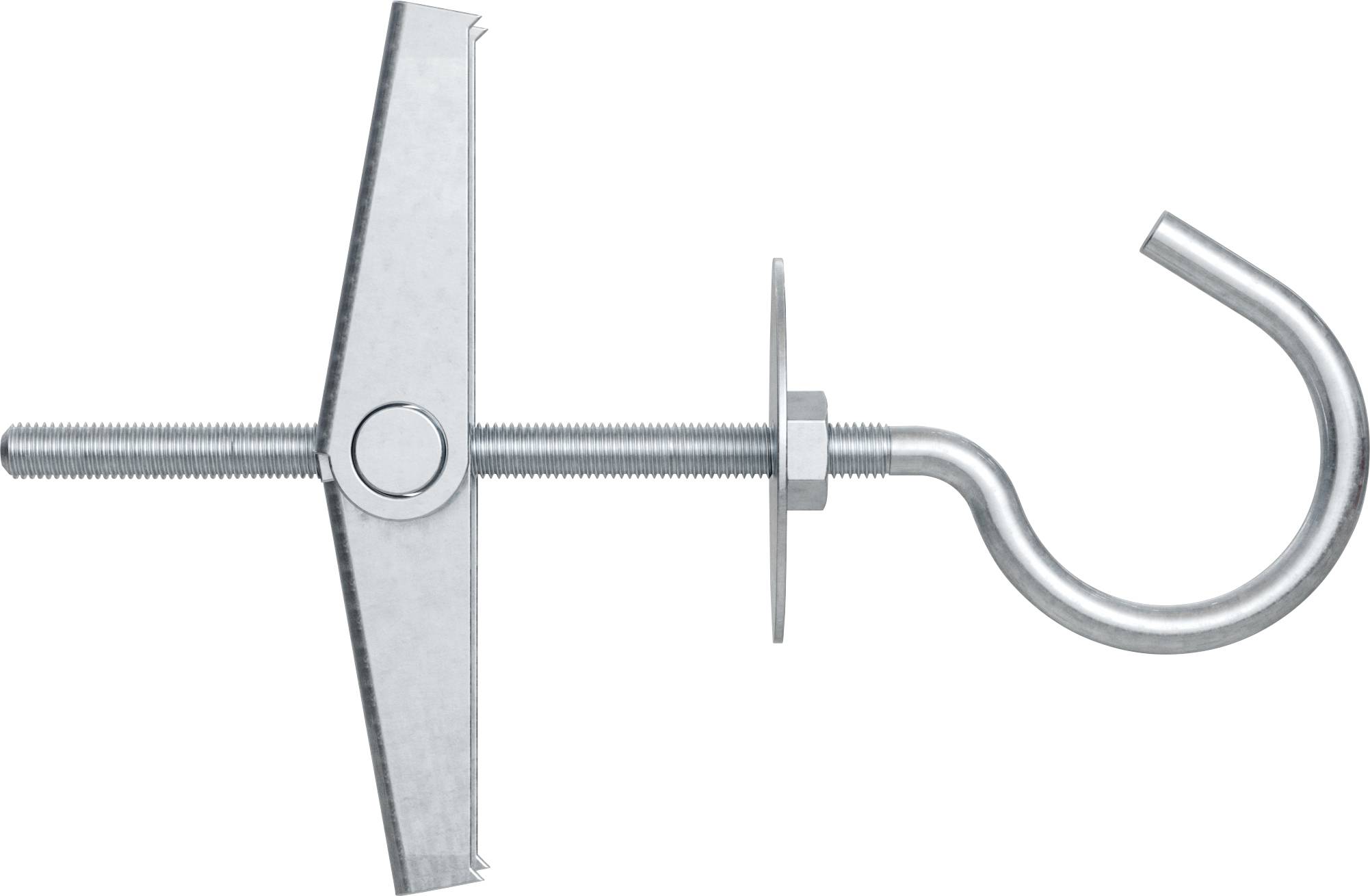 Kippdübel-Wandanker mit eingeklappten Flügeln und Hakenendes auf einem Gewindestift, dargestellt auf weißem Hintergrund.
