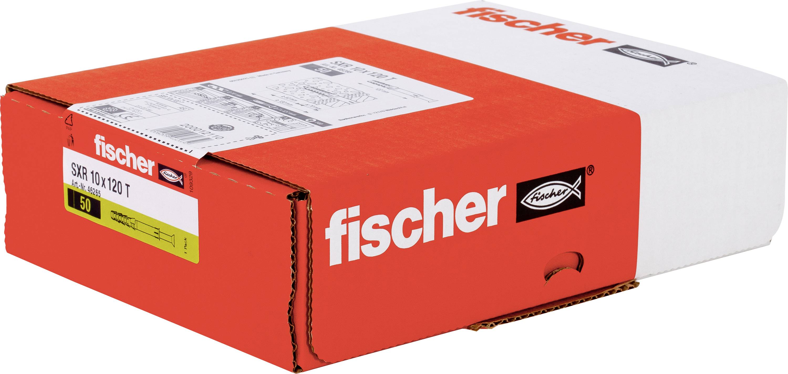 Eine rote und weiße Fischer-Produktverpackung für SXR 10x120 Wanddübel, dargestellt in einer Produktverpackungsansicht.
