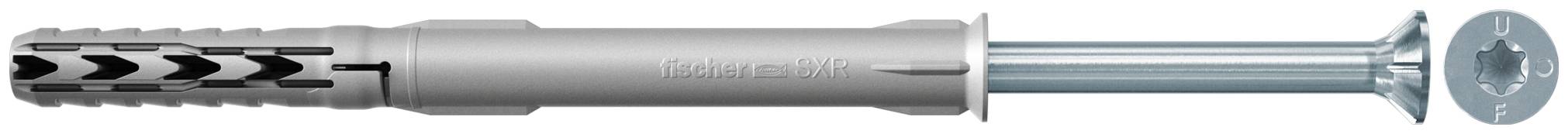 Silberner mechanischer Befestigungselement mit geschlitztem Schaft und einer expandierenden Ankerhülse neben einem kleinen kreisförmigen Symbol, dargestellt auf weißem Hintergrund.