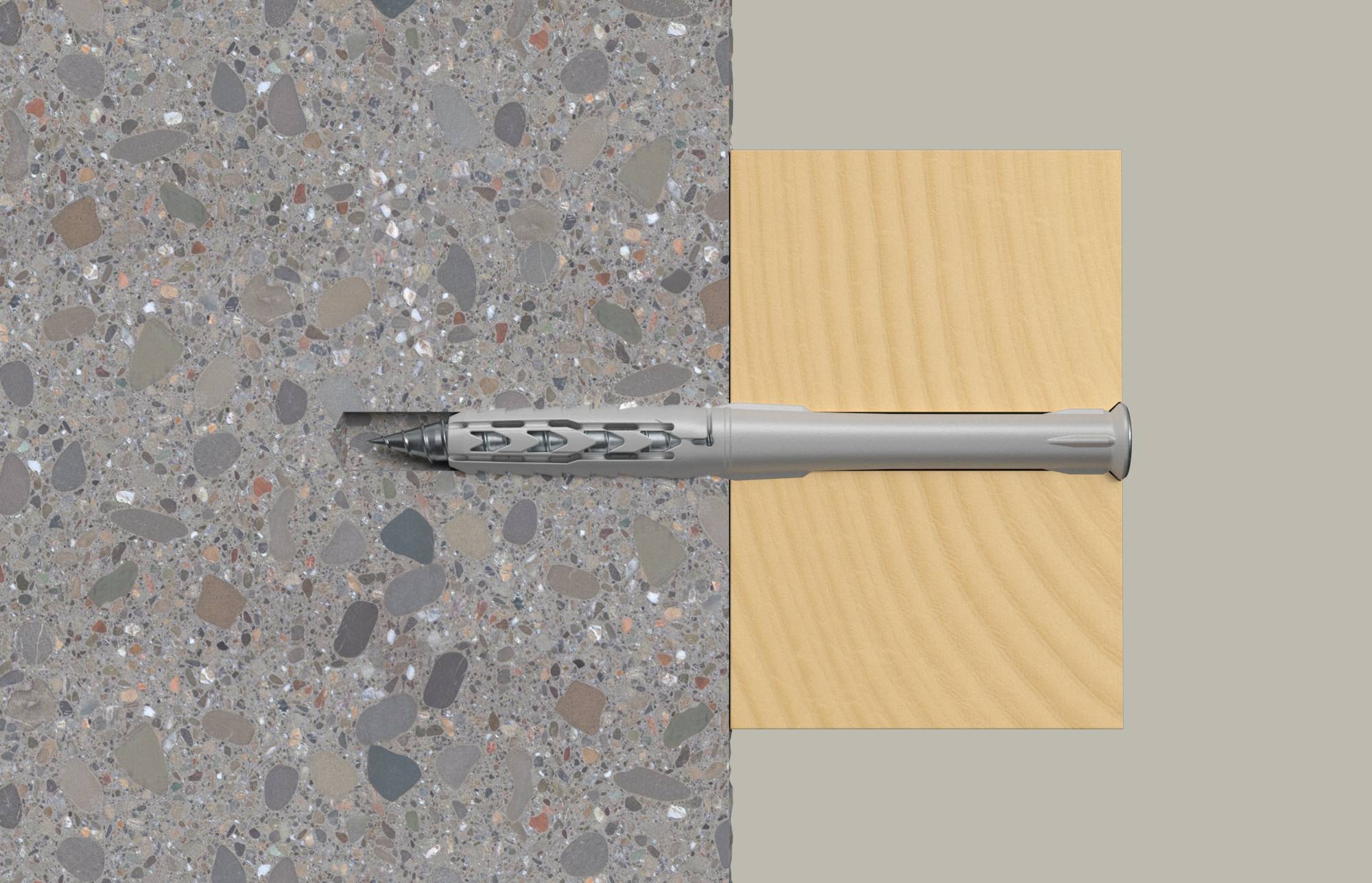 Stift horizontal in der Fuge zwischen einer gesprenkelten Steinoberfläche und einer hellen Holzplatte vor grauem Hintergrund eingebettet.