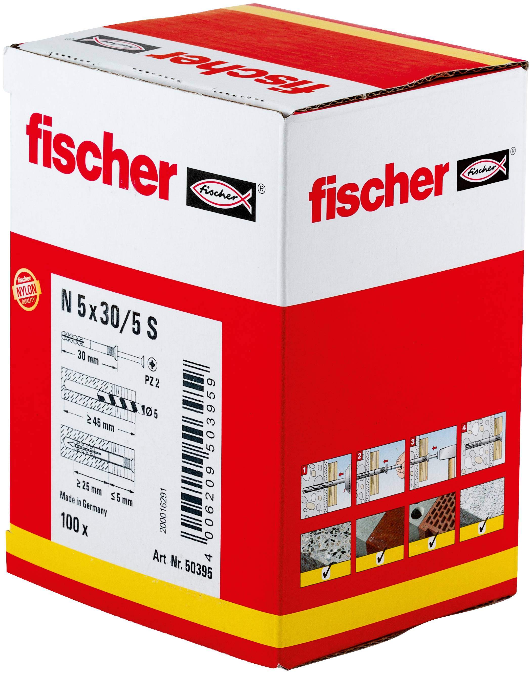 Packung Fischer N 5x30/5 S Kunststoff-Dübel, gezeigt mit Produktetikett und Installationsdiagrammen.