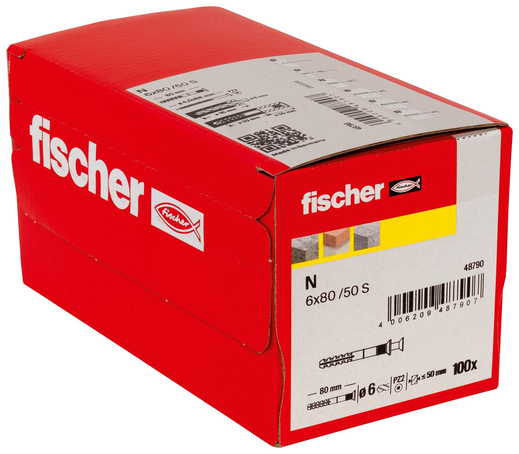 Rote Fischer-Schachtel mit Fischer-Dübeln N 6x80/50 S, mit der Aufschrift 100x, gezeigt vor weißem Hintergrund.