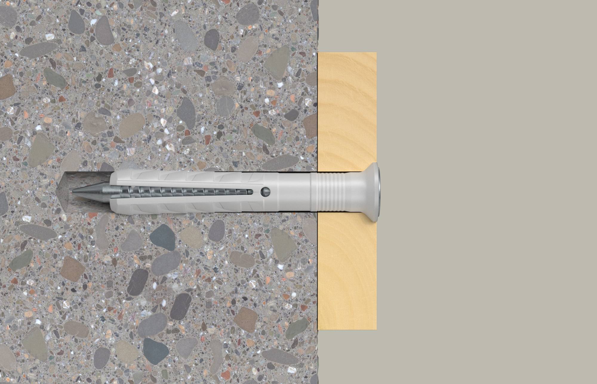 Wandanker und Schraube horizontal in Beton neben einer Holzunterlage eingebaut, zeigt eine montierte Befestigung im Querschnitt.