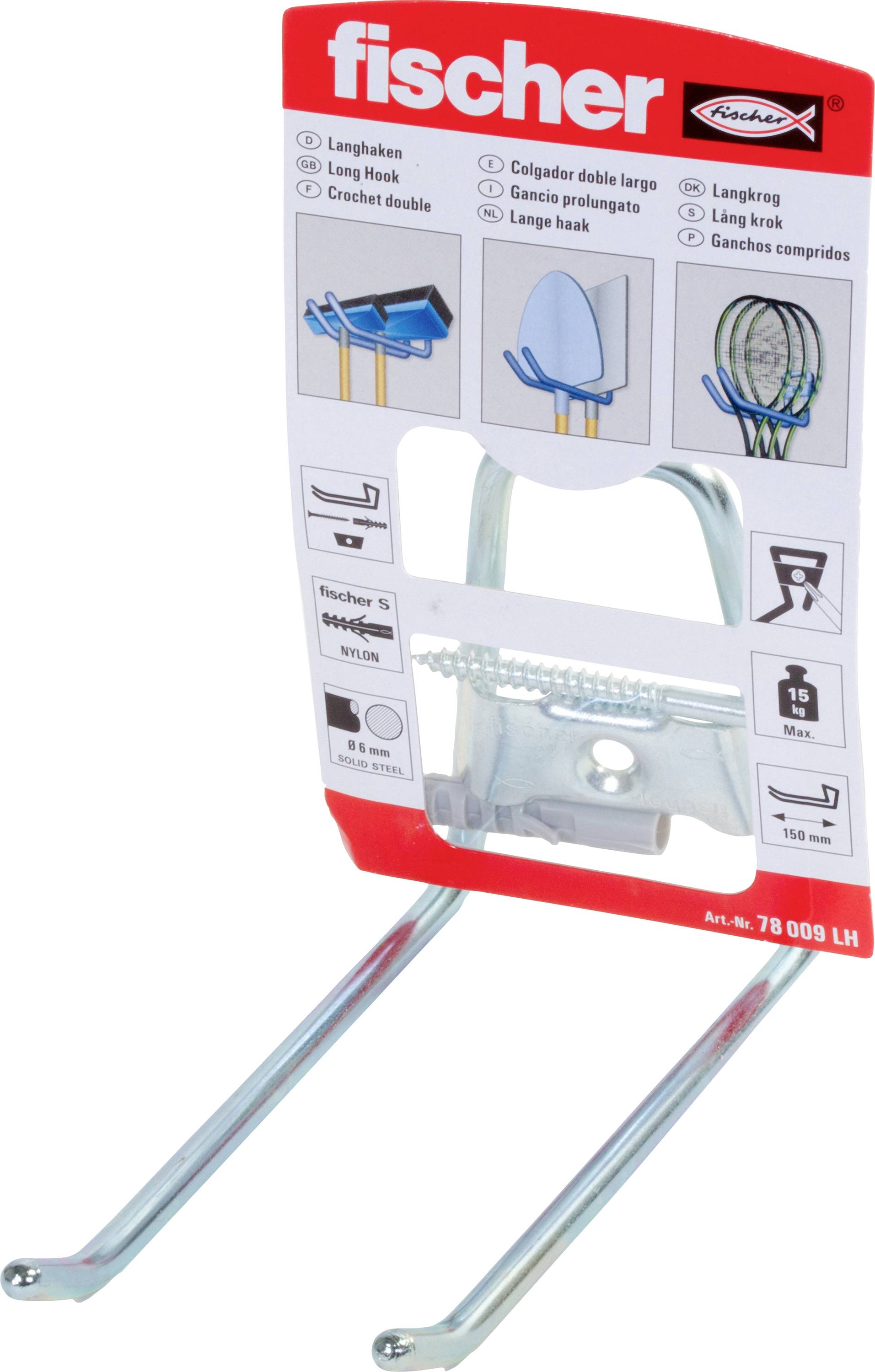 Fischer-Marken-Wandhaken-Aufhänger-Paket mit zwei Metallhaken, gezeigt in Produktverpackung zum Aufhängen von Gegenständen an der Wand.