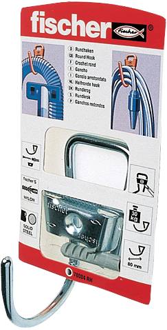 Packung Fischer 'Rohrex' Rohrklemmen, zeigt eine Metall-U-förmige Schelle mit Produktabbildungen und Last-/Größheitssymbolen.