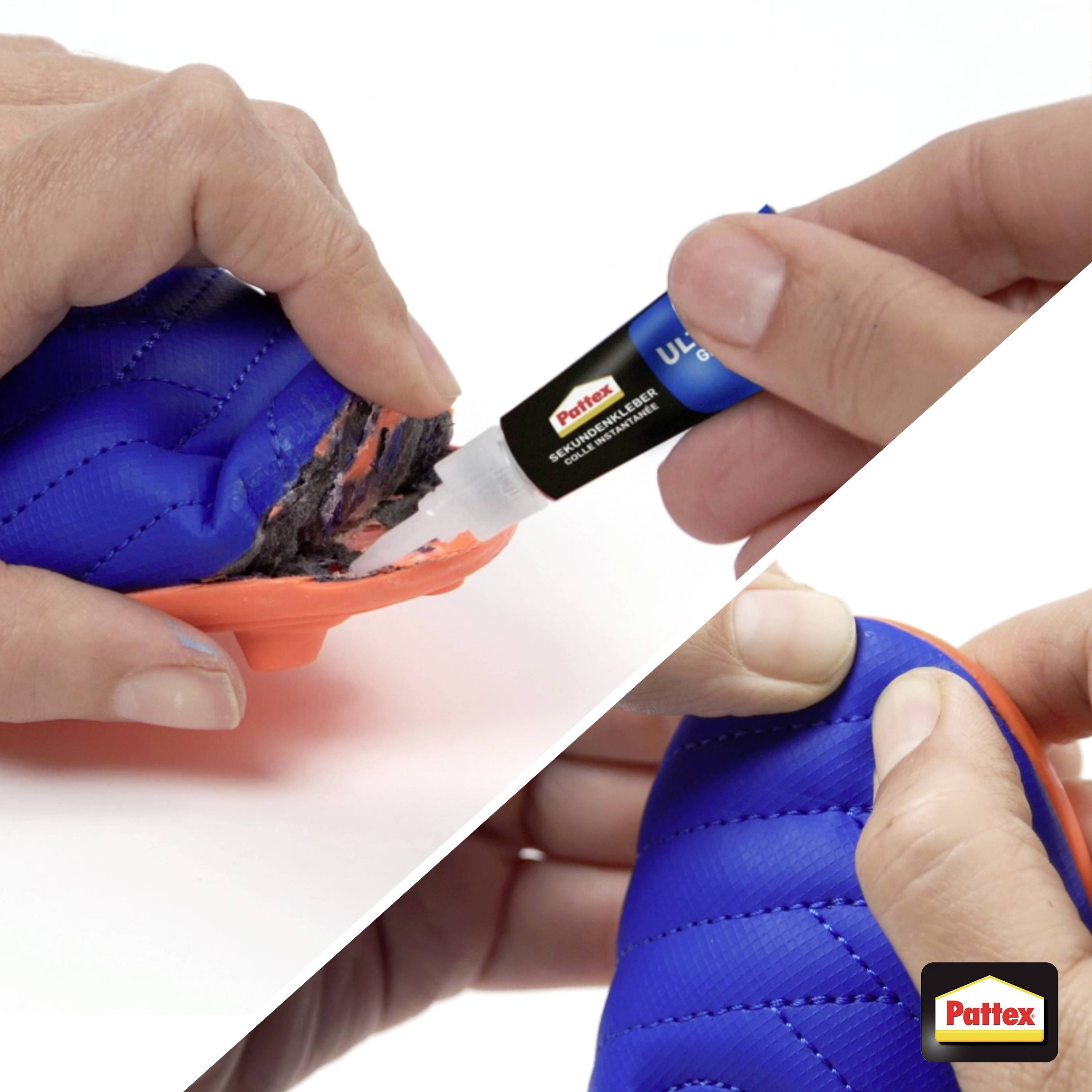 Zwei Hände, die Pattex-Klebstoff auftragen, um eine gerissene blaue Schuhsohle zu reparieren. Das Logo der Marke ist auf der Klebstofftube sichtbar.