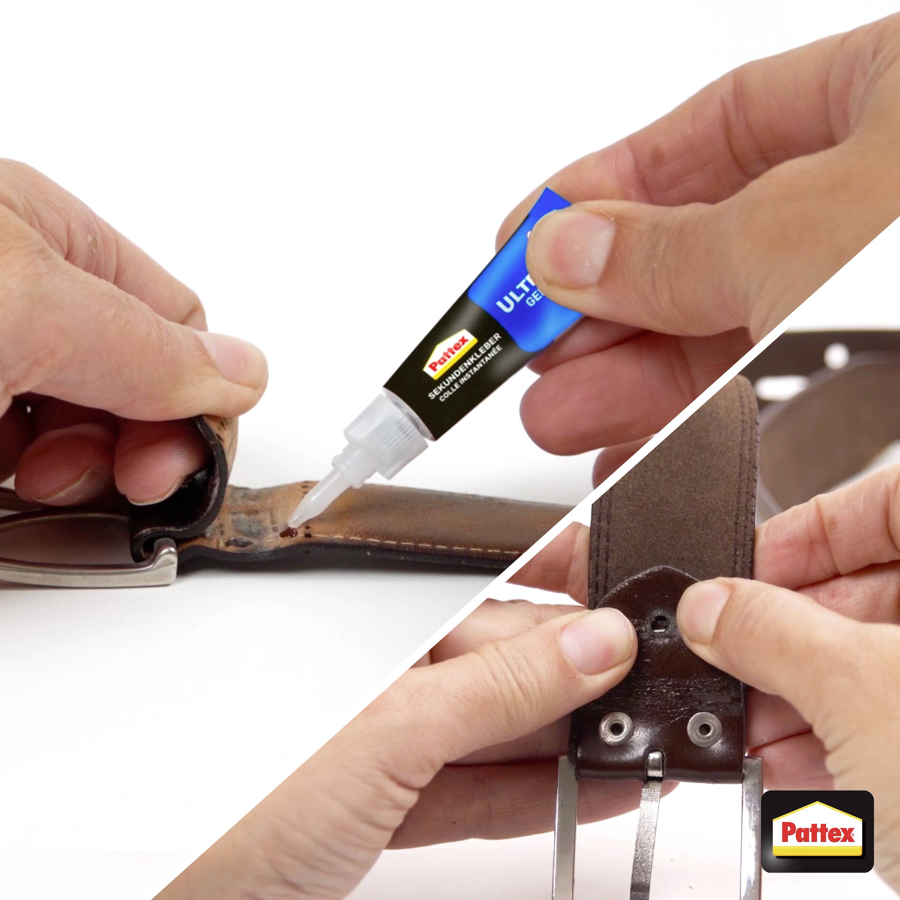Zwei Hände, die Pattex Ultra Gel Kleber auf eine Ledermesserscheide auftragen; oberes Bild zeigt den Auftrag, unteres Bild zeigt das Befestigen mit Schrauben.