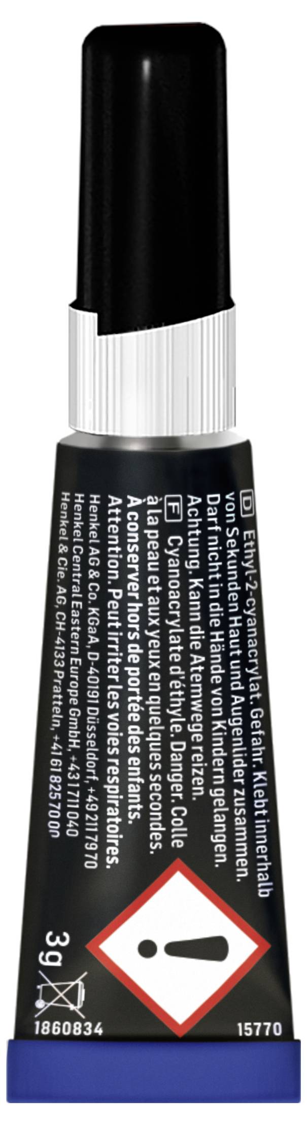 Eine Tube Klebstoff mit einem schwarzen Deckel, die ein Warnschild mit einem Gefahrensymbol und Warnhinweisen in mehreren Sprachen trägt.