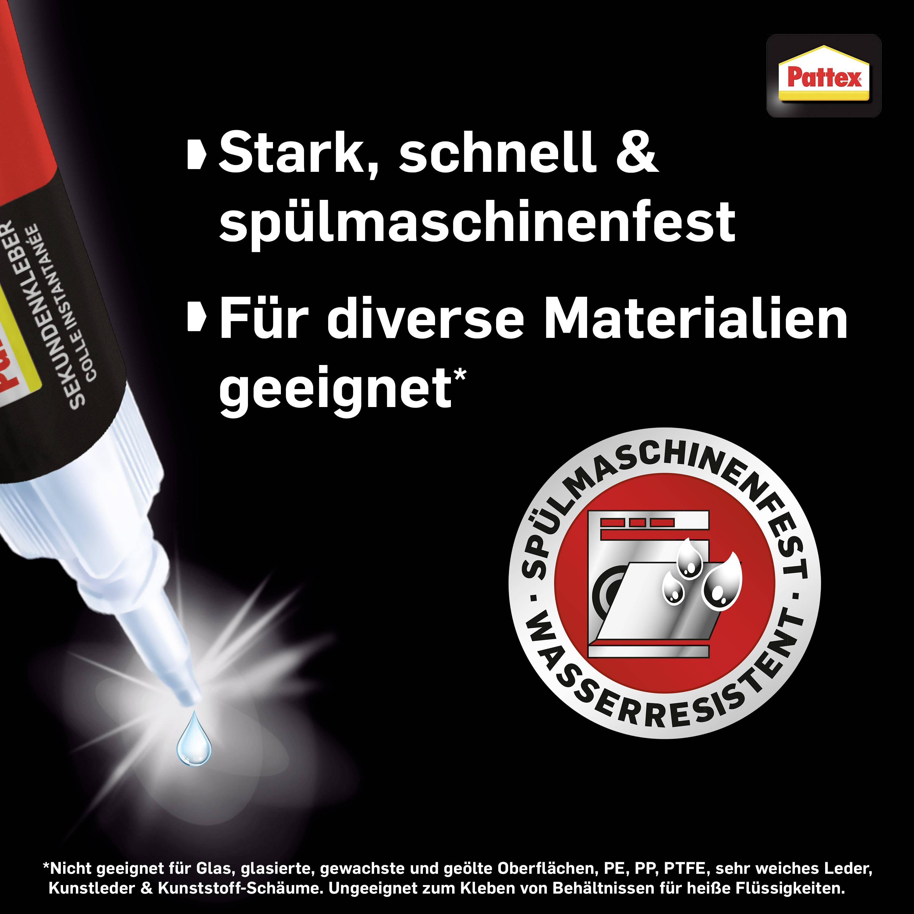 Die Abbildung zeigt eine Klebeflasche mit einem Tropfen. Text: 'Stark, schnell & spülmaschinenfest. Für diverse Materialien geeignet.'