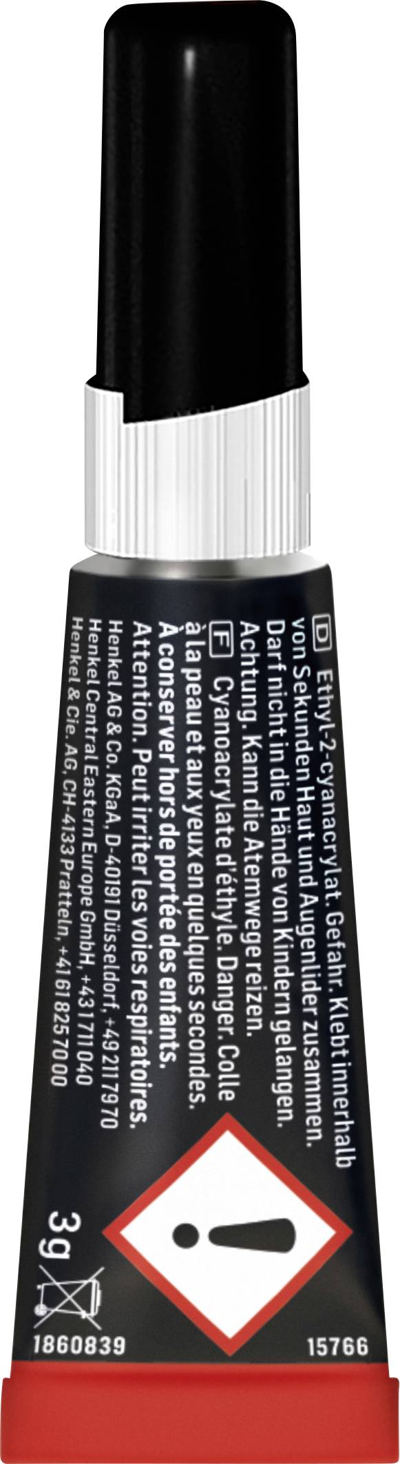 Eine kleine Röhre mit einem Warnungssymbol auf dem Frontlabel, das zur Vorsicht mahnt. Enthält Text in mehreren Sprachen und Sicherheitshinweise.