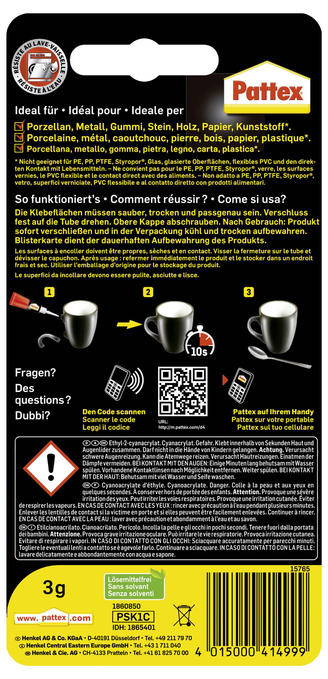 Pattex-Klebstoffverpackung mit Anweisungen in mehreren Sprachen, Symbolen zur Anwendung auf verschiedenen Materialien und Sicherheitswarnungen.