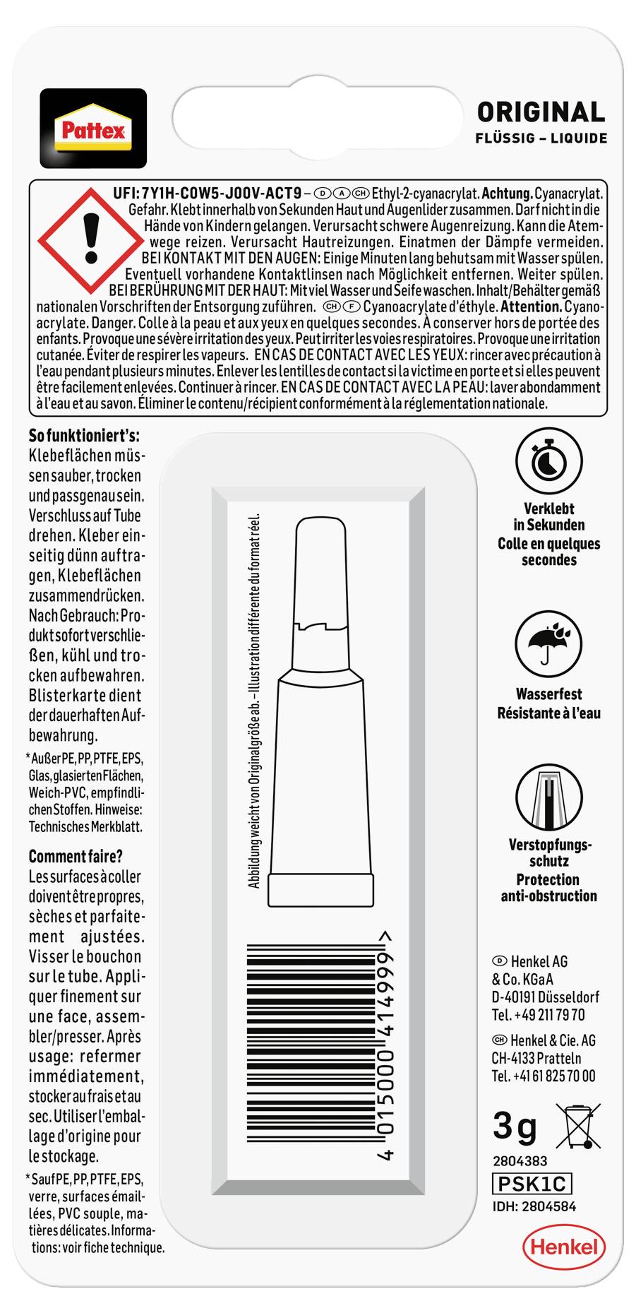 Das Bild zeigt die Verpackung von Pattex Original Flüssigkleber, mit Gebrauchsanweisungen, Sicherheitswarnungen und Produktinformationen in Text und Symbolen.