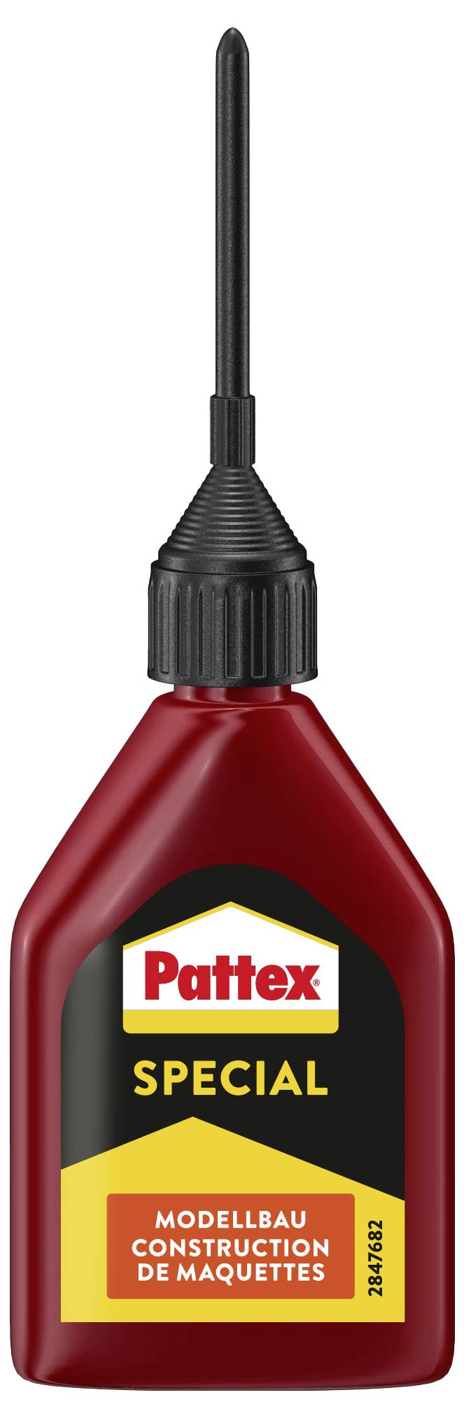 Eine rote Flasche Pattex Spezialkleber mit einer schmalen Applikatorspitze, gekennzeichnet für den Modellbau.
