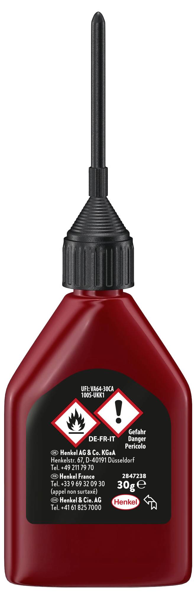 Eine rote Flasche mit einer schwarzen Düse, gekennzeichnet mit Gefahrensymbolen für Entzündbarkeit und Reizwirkung, die Klebstoff für den Hausgebrauch enthält.