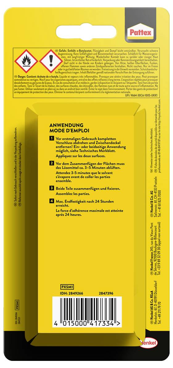Back of a Pattex adhesive package with usage instructions in German and French, safety warnings, and manufacturer information.