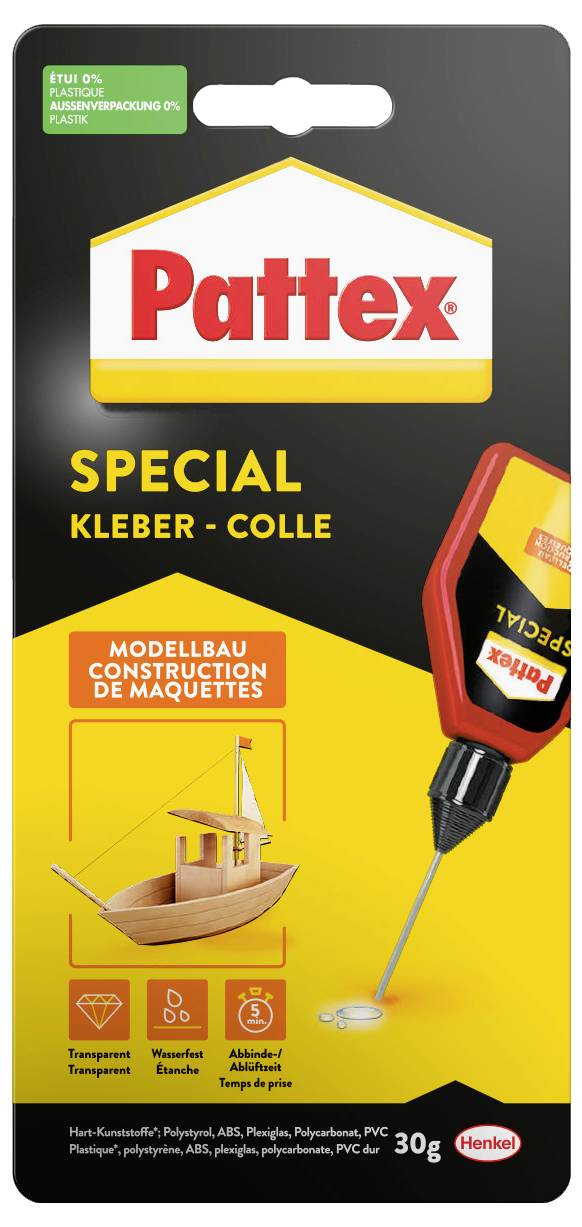 Verpackung von 'Pattex Special' Kleber mit einer roten und gelben Tube, speziell für den Modellbau entwickelt. Zeigt ein Kunststoffmodellschiff und Bildmaterial zur Kleberanwendung.