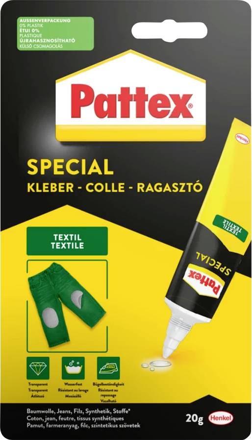 Pattex Spezial Textilkleber Verpackung in Gelb und Schwarz. Das Bild zeigt eine Tube Kleber und Stoffflicken auf einer grünen Hose.