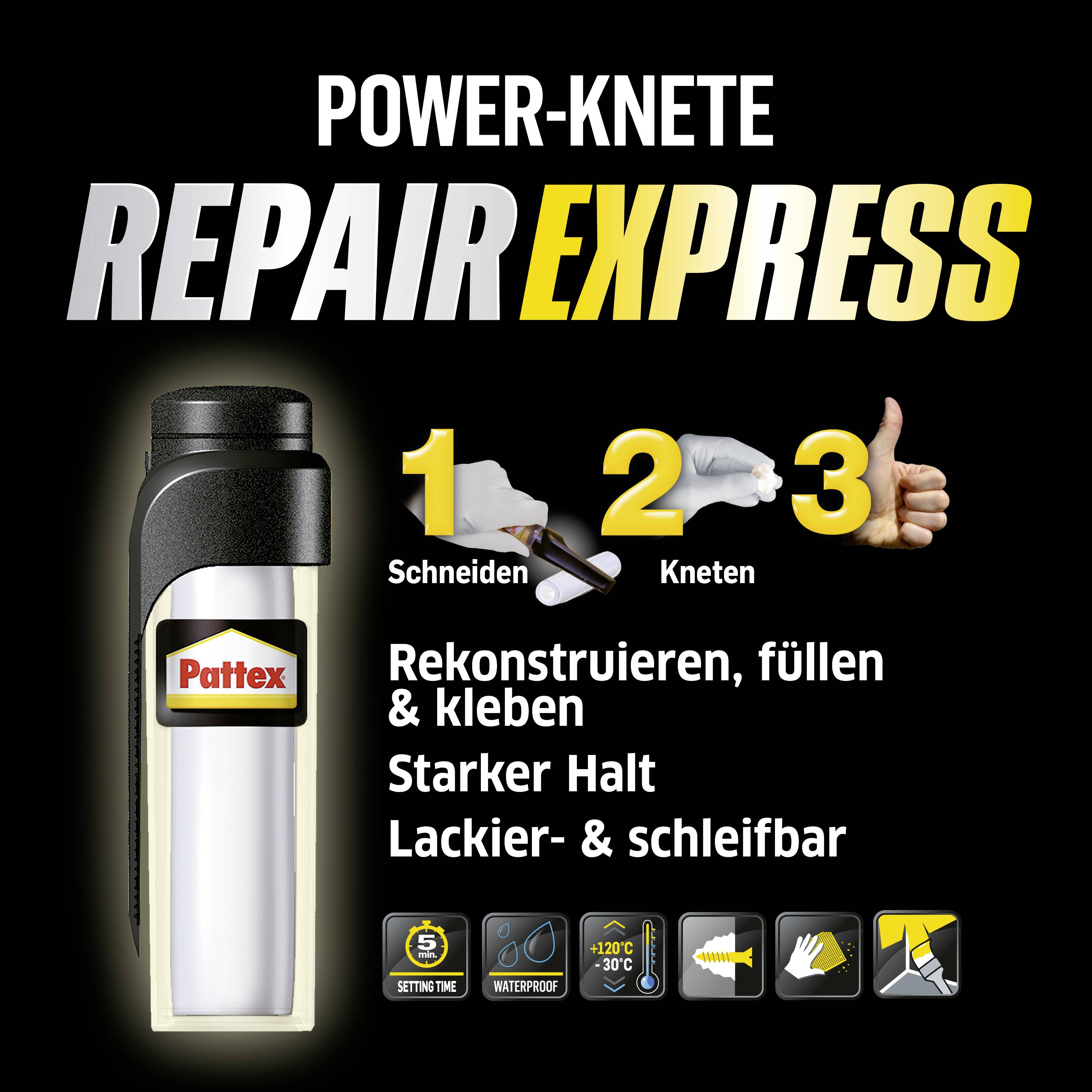 'Power-Knete Repair Express' von Pattex, zeigt Bilder zur Anwendung in drei Schritten: Schneiden, kneten, anwenden. Text: Rekonstruieren, füllen & kleben, starker Halt, lackier- & schleifbar.
