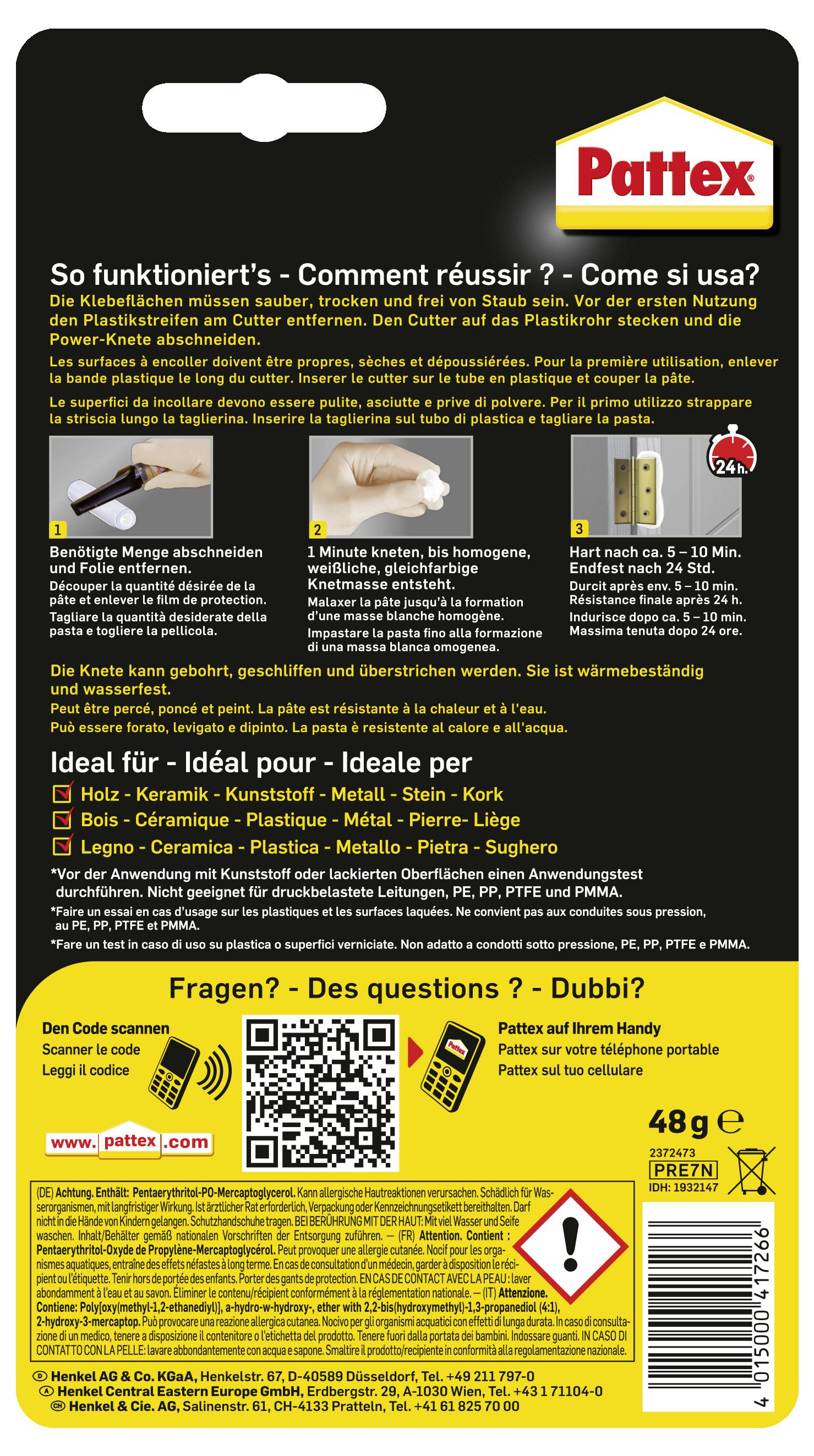 'Pattex' adhesive packaging in multiple languages detailing usage instructions, ideal materials, and safety warnings, with QR code and contact information.