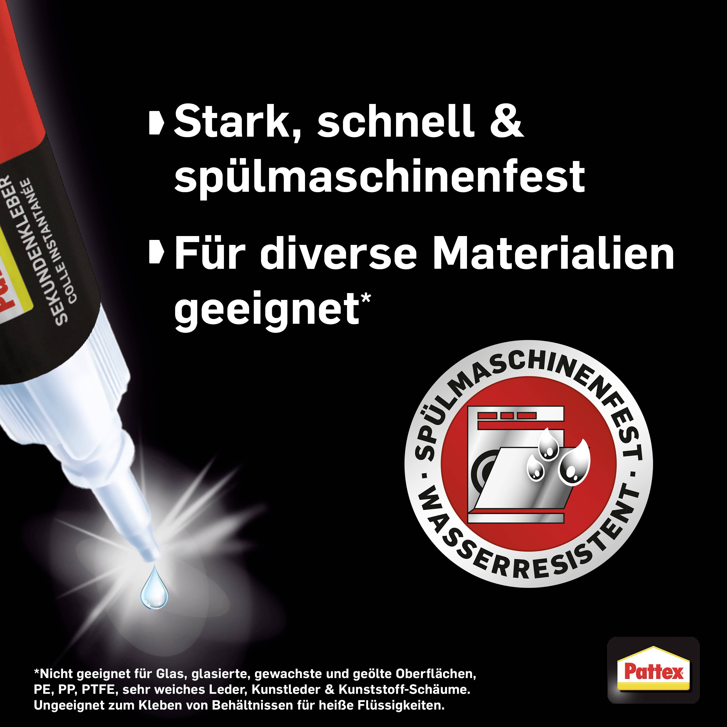 Kleber fließt aus einer Tube. Text: 'Stark, schnell & spülmaschinenfest. Für diverse Materialien geeignet.' Icon mit Geschirr und Wasser. Logos: Pattex.
