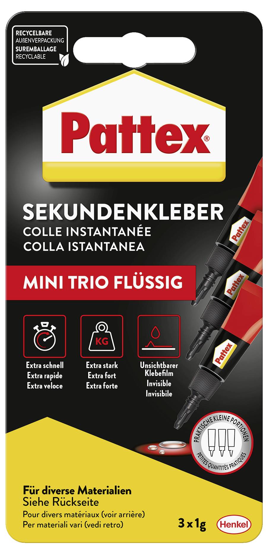 Packung mit Pattex Mini Trio Flüssig Sekundenkleber mit drei kleinen Röhrchen. Hervorgehobene Eigenschaften sind schnelles Trocknen, starke Haftung und unsichtbare Klebenaht. Geeignet für verschiedene Materialien.