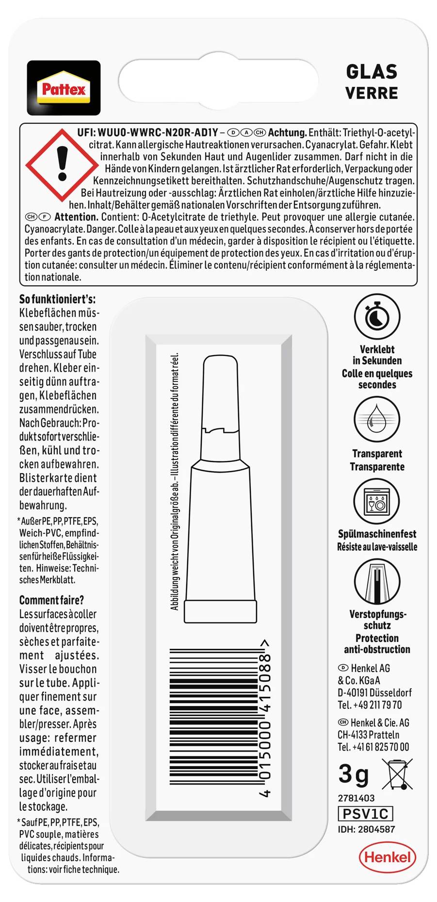 Pattex Glas Sekundenkleber PSV1C 3g