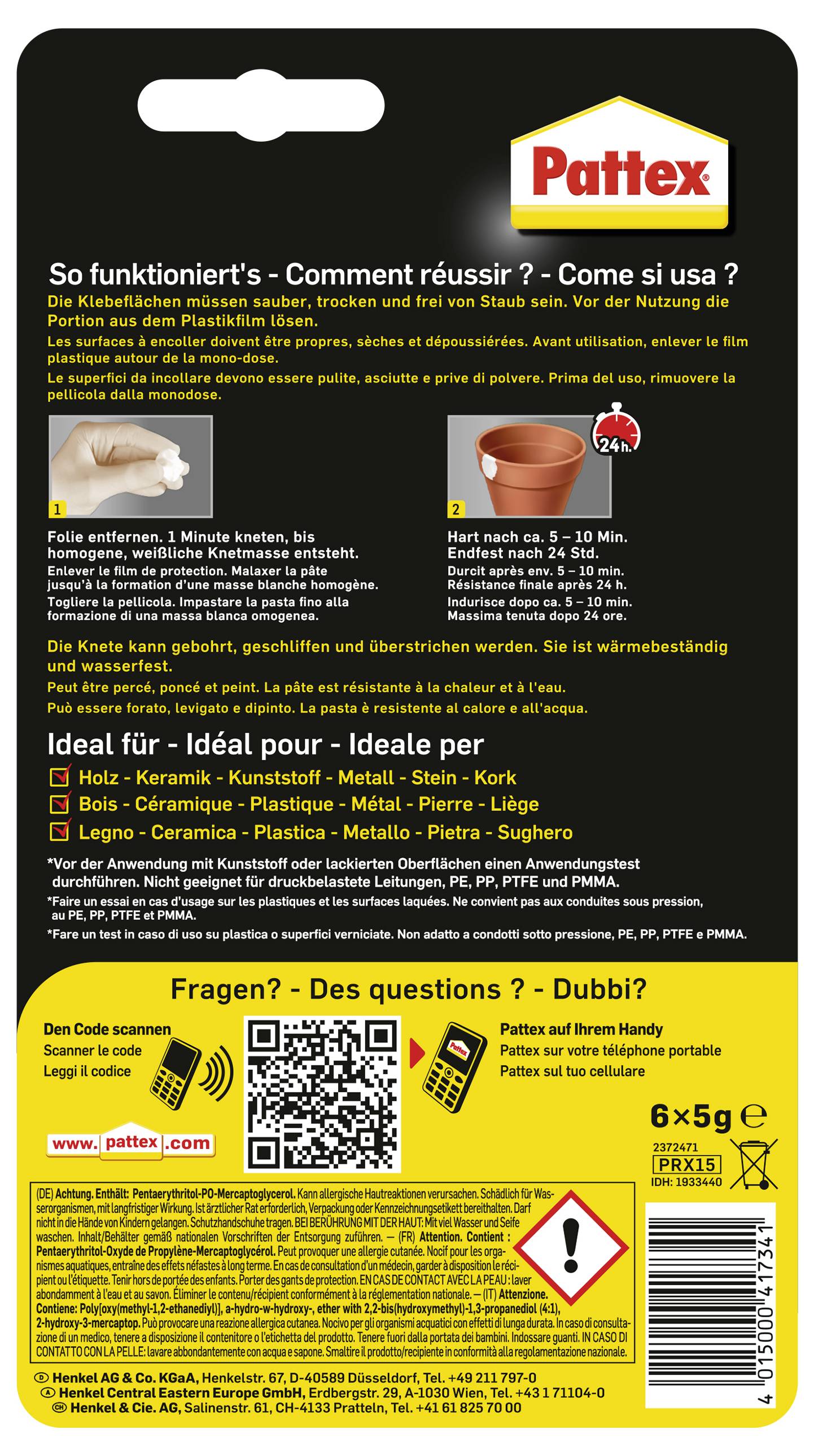 Frontansicht einer Pattex-Klebepackung in mehreren Sprachen. Anleitungen und ideale Materialien sind aufgeführt. Enthält Sicherheitssymbole und Kontaktinformationen.