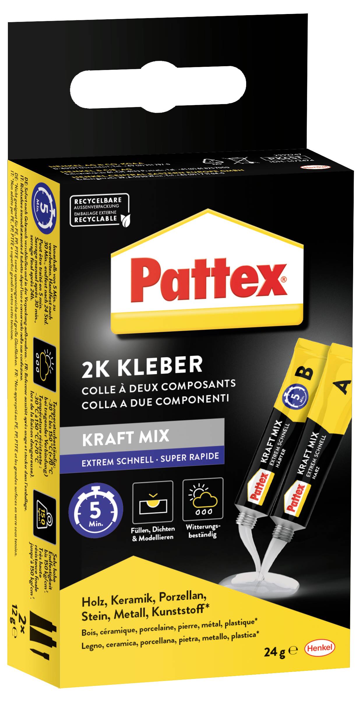 Pattex 2K Kraft Mix Kleber ist ein Zwei-Komponenten-Klebstoff für schnelle Verbindungen, geeignet für Holz, Metall, Stein und Keramik, 24g.