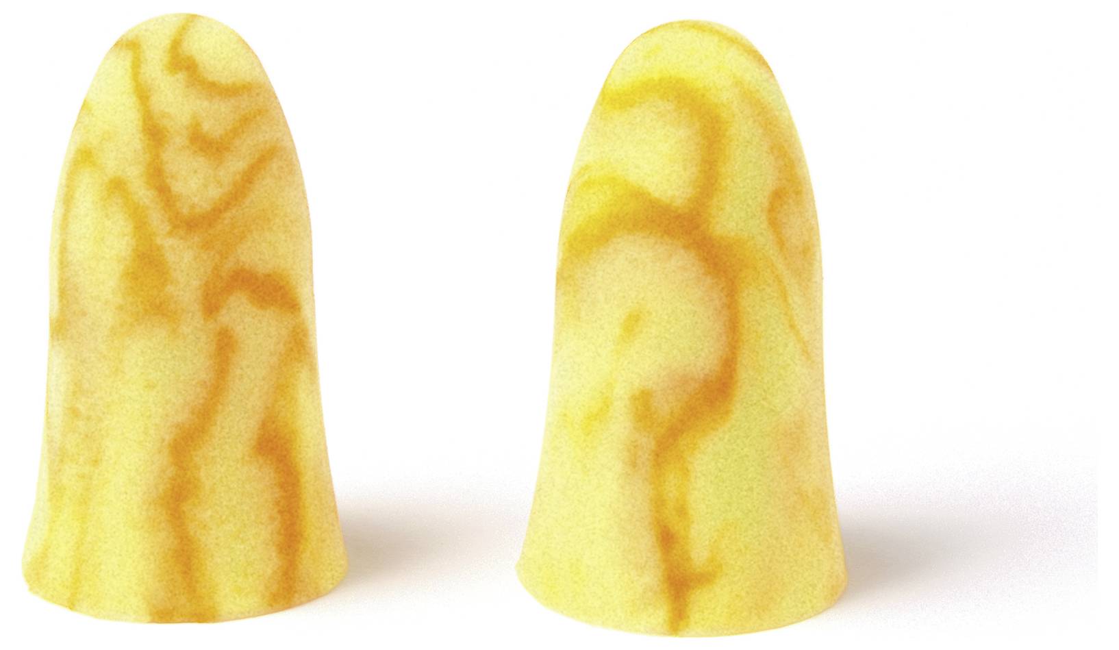 Zwei gelb und orange marmoriert gefärbte Schaumstoff-Ohrstöpsel stehen aufrecht vor einem weißen Hintergrund.