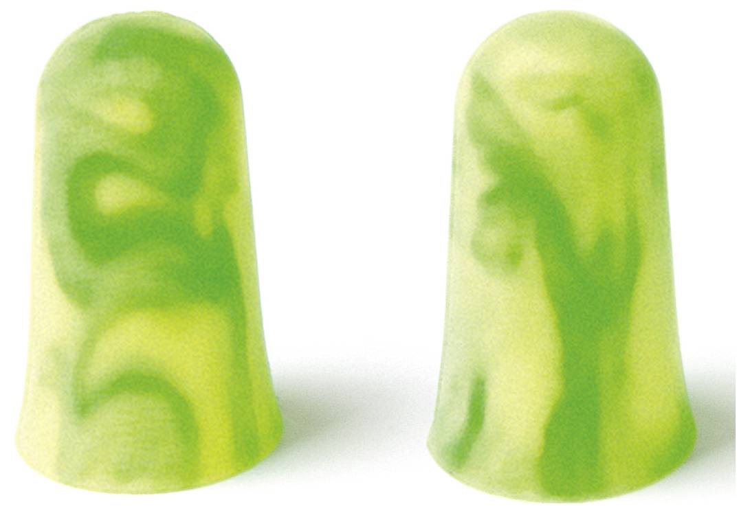 Zwei grüne und gelbe Ohrstöpsel mit einem Wirbelmusters, in Nahaufnahme gezeigt.