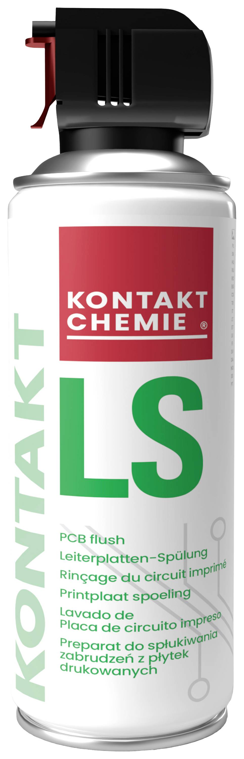 Sprühdose mit rotem und grünem Etikett, trägt den Schriftzug 'KONTAKT CHEMIE LS' und listet Anwendungen für Leiterplattenreinigung auf.