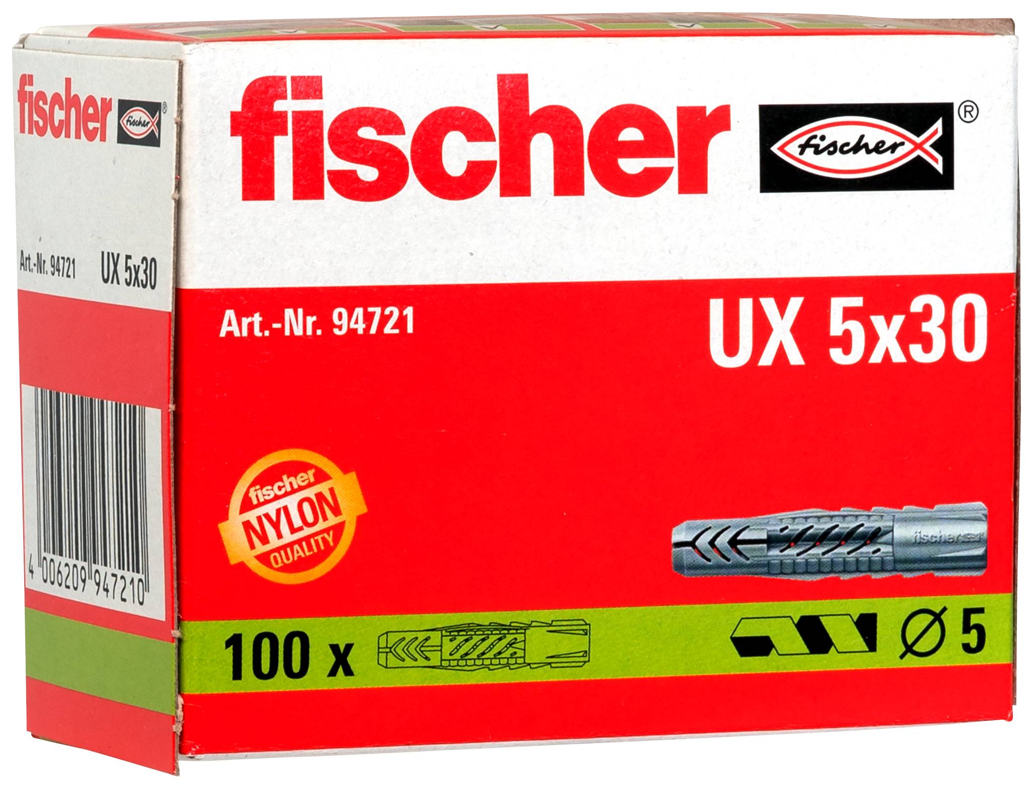 Verpackungskasten für Fischer UX 5x30 Kunststoffdübel, mit der Bezeichnung „100 x