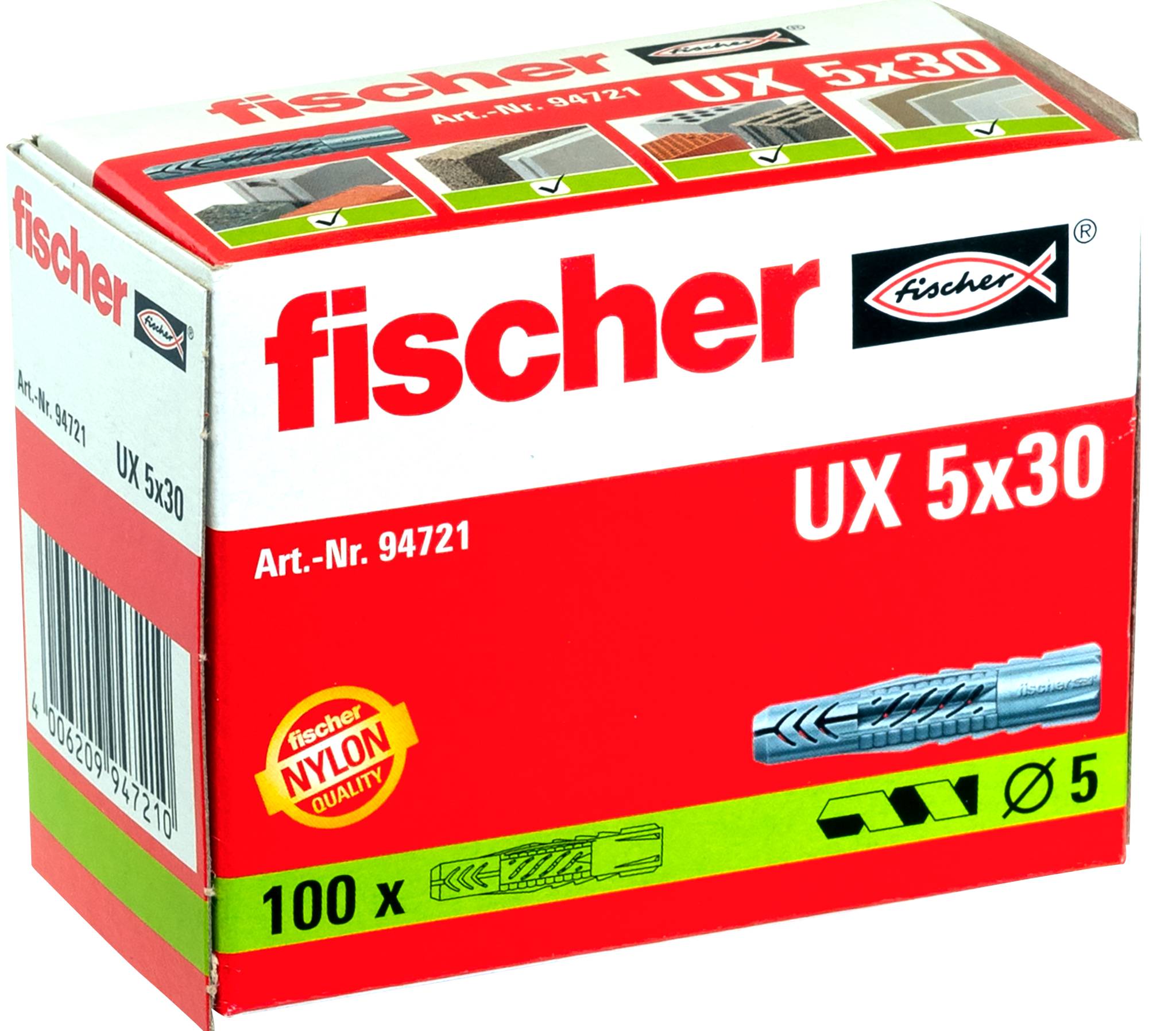 Rote Fischer-Packung UX 5x30 Nylondübel, gekennzeichnet mit „100 x" mit Bohrgröße 5 und Produktnummer 94721.