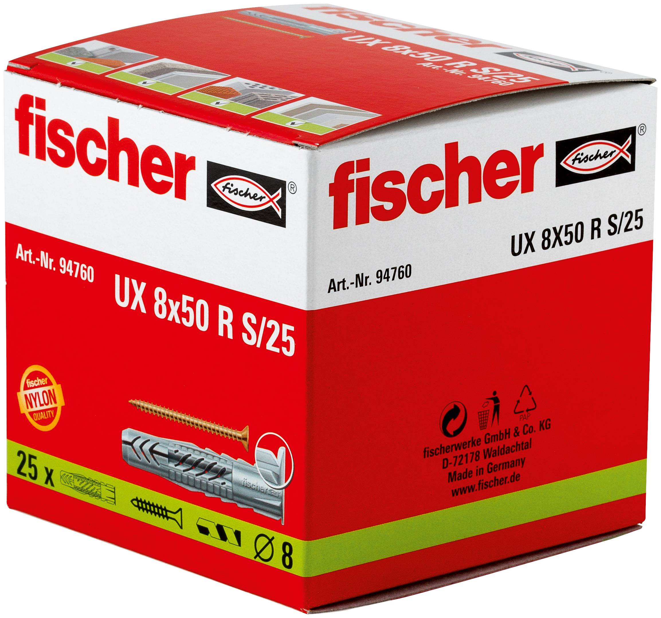 Produktbox für fischer UX 8x50 R S/25 Wanddübel, rot-weiße Verpackung mit Dübel-Illustration und „25x