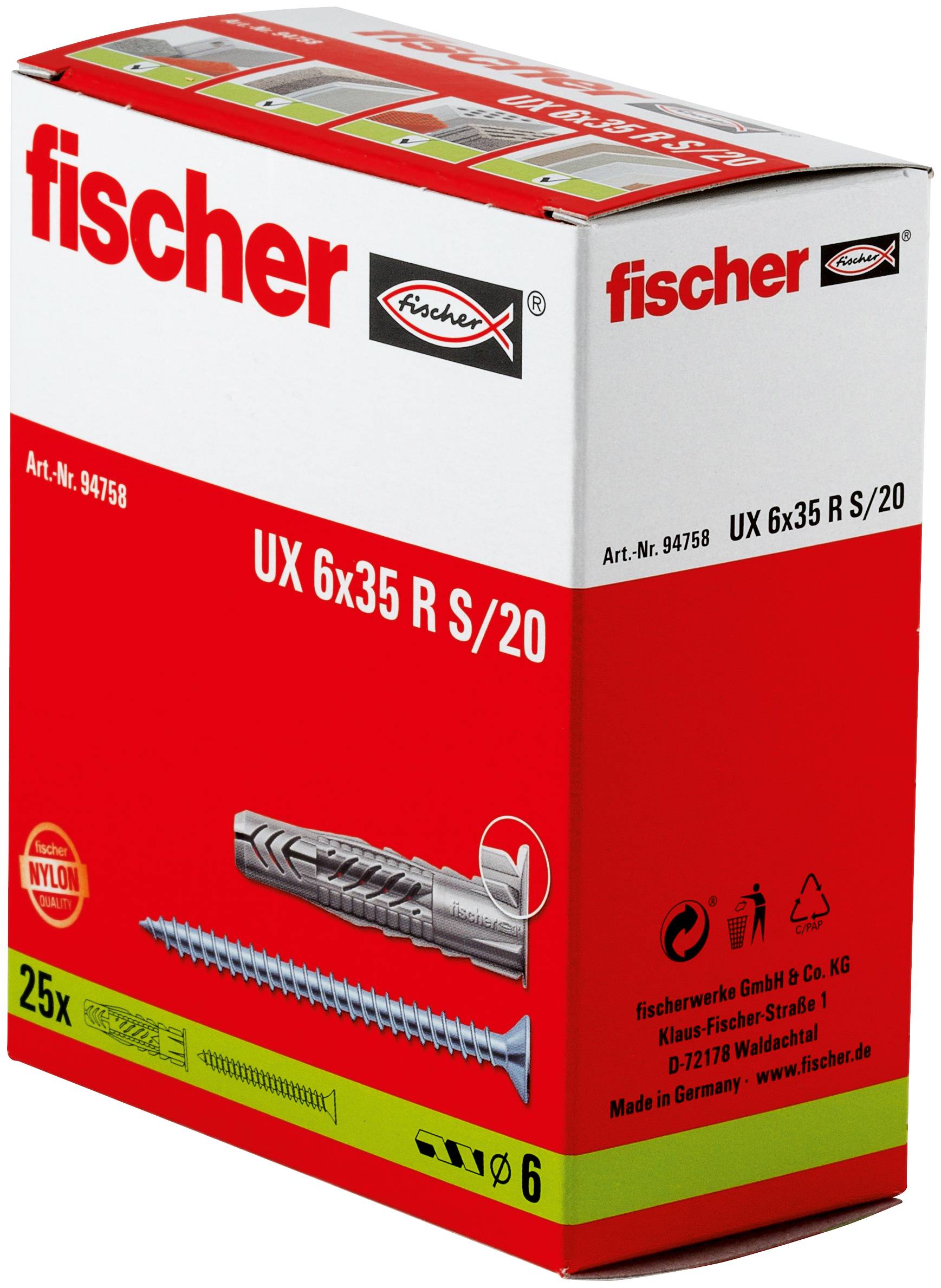 Schachtel Fischer UX 6x35 R S/20 Dübel, mit Produktname, Größe und einer Illustration von Schraube und Dübel auf rot-weiß bedruckter Verpackung.