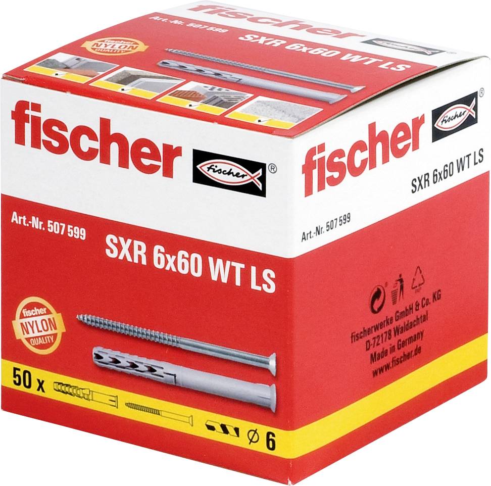Schachtel mit Fischer SXR 6x60 WT LS Kunststoff-Wanddübeln, beschriftet mit „50 x