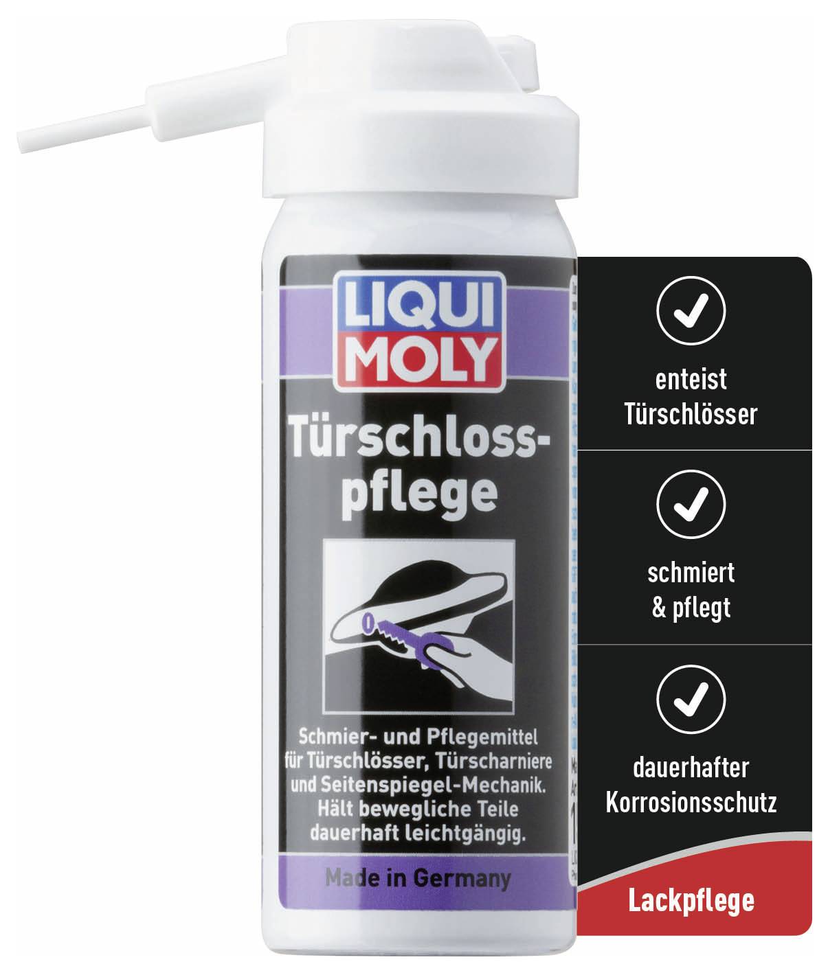 Eine Flasche Türschlosspflege von Liqui Moly mit Sprühkopf. Beschriftung beschreibt die Anwendung zur Schmierung und Pflege von Türschlössern.
