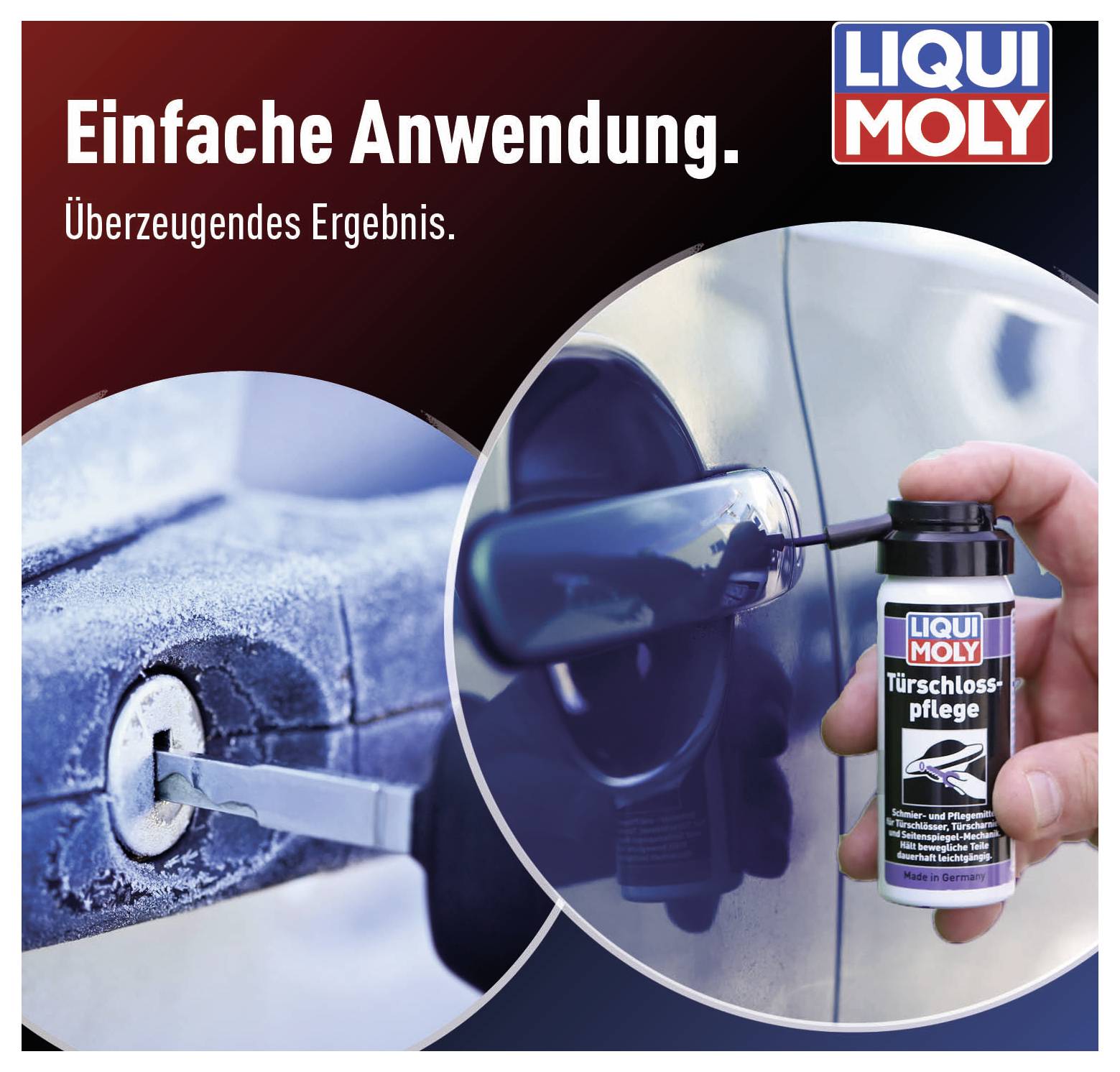 Eine Hand sprüht 'LIQUI MOLY Türschloss-Pflege' auf ein Autoschloss. Text: 'Einfache Anwendung. Überzeugendes Ergebnis.'