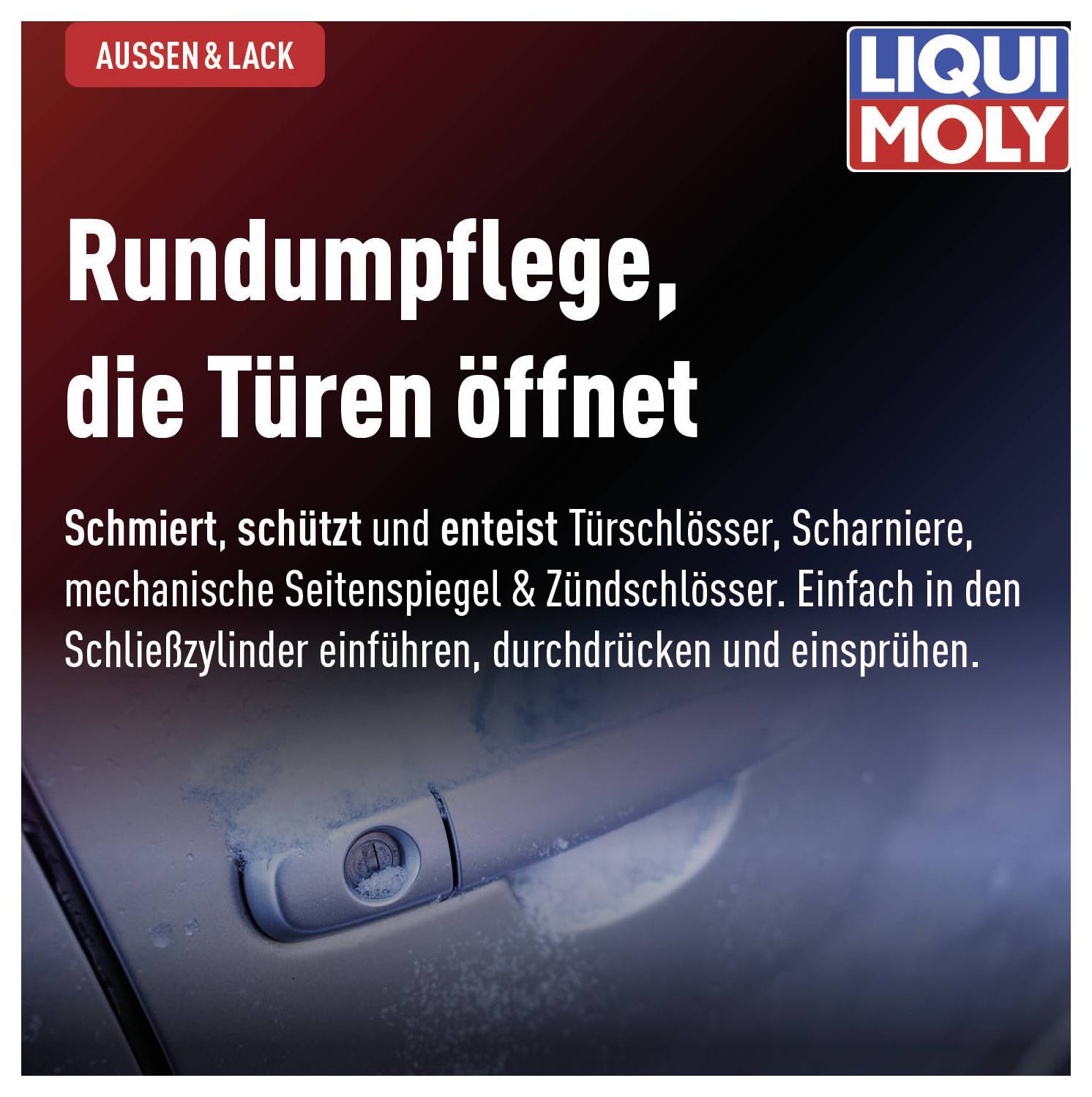 'Rundumpflege, die Türen öffnet' zeigt ein Autotürgriff. Produkt bietet Schmierung und Schutz für Schlösser und Scharniere.