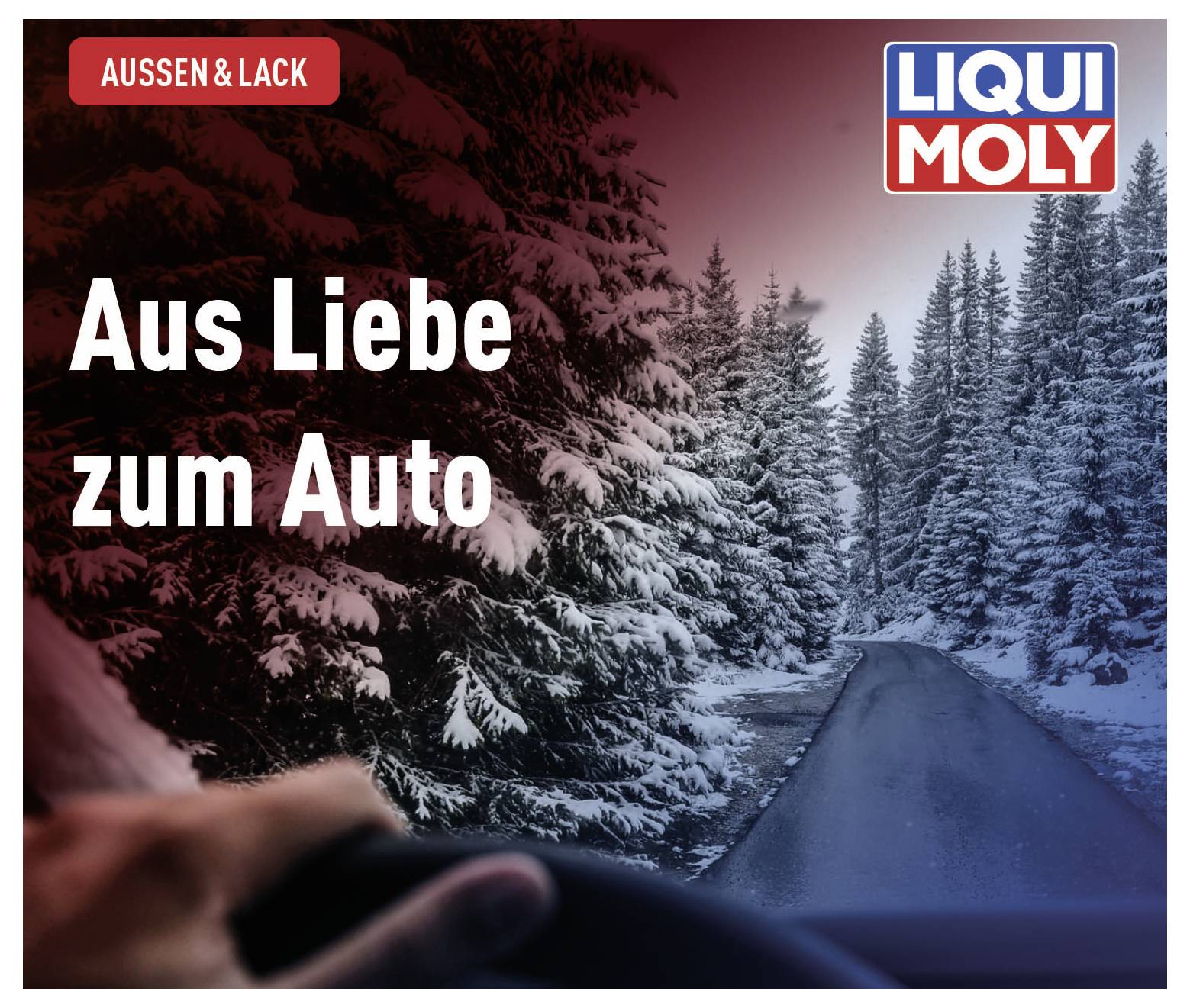 Ein verschneiter Waldweg im Winter aus der Sicht eines Autofahrers. Der Text 'Aus Liebe zum Auto' ist hervorgehoben. Oben rechts steht 'Liqui Moly'.