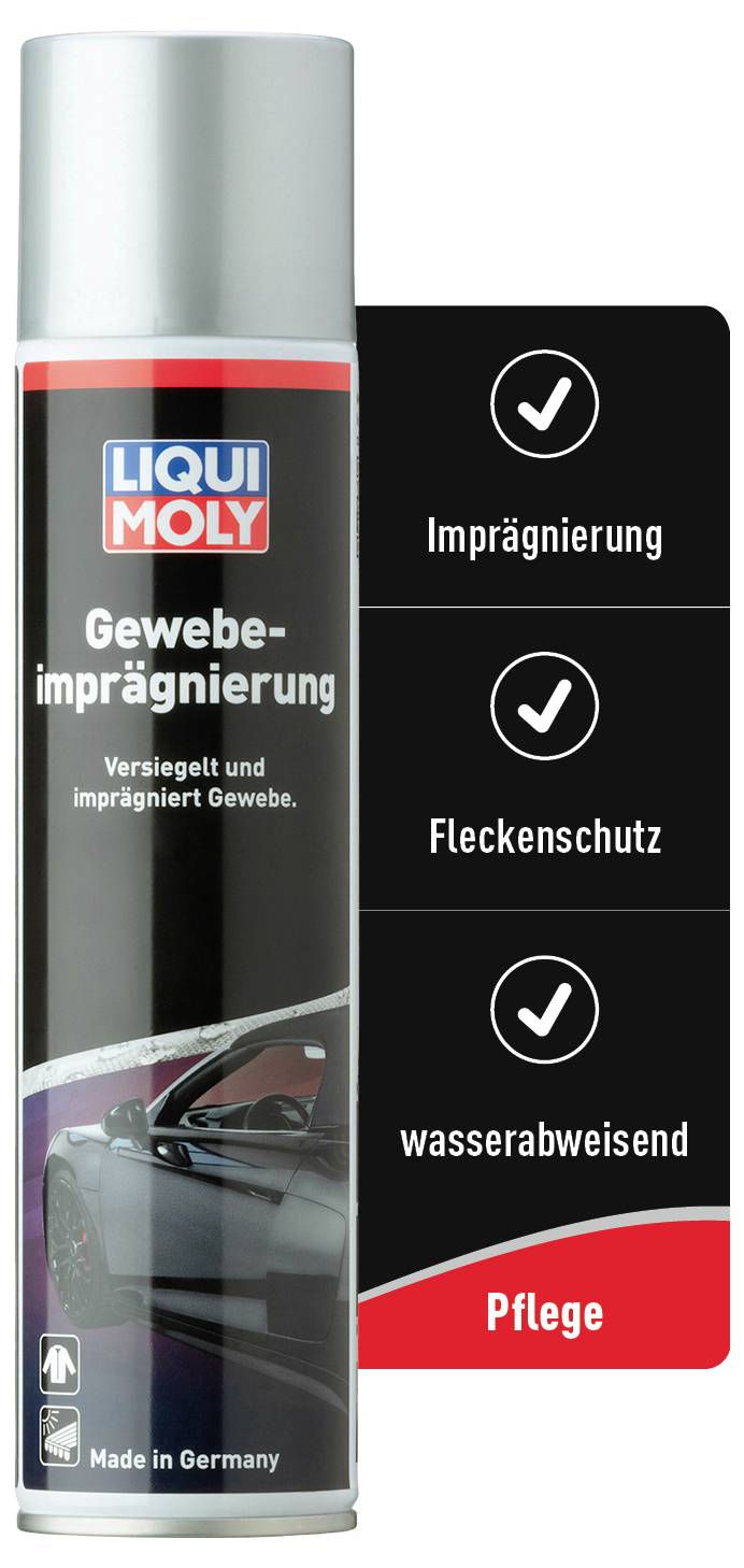 'LIQUI MOLY Gewebeimprägnierung' Sprühdose und Infografik zeigen Nutzen: Imprägnierung, Fleckenschutz, wasserabweisend. Made in Germany.