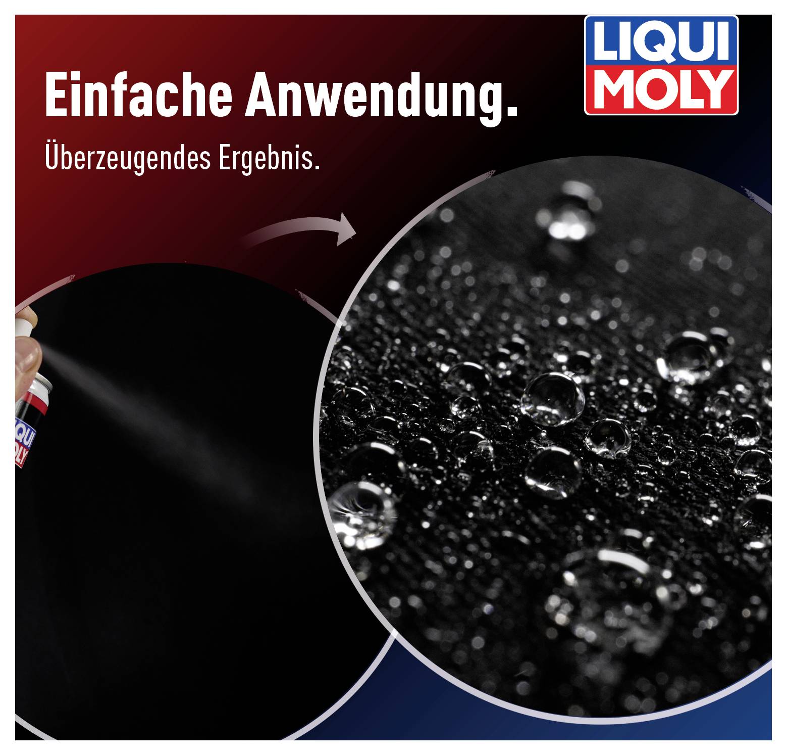 Spray auf Oberfläche; Vorher-Nachher-Effekt: Wasserkugeln auf schwarzem Hintergrund. Text: Einfache Anwendung. Überzeugendes Ergebnis.