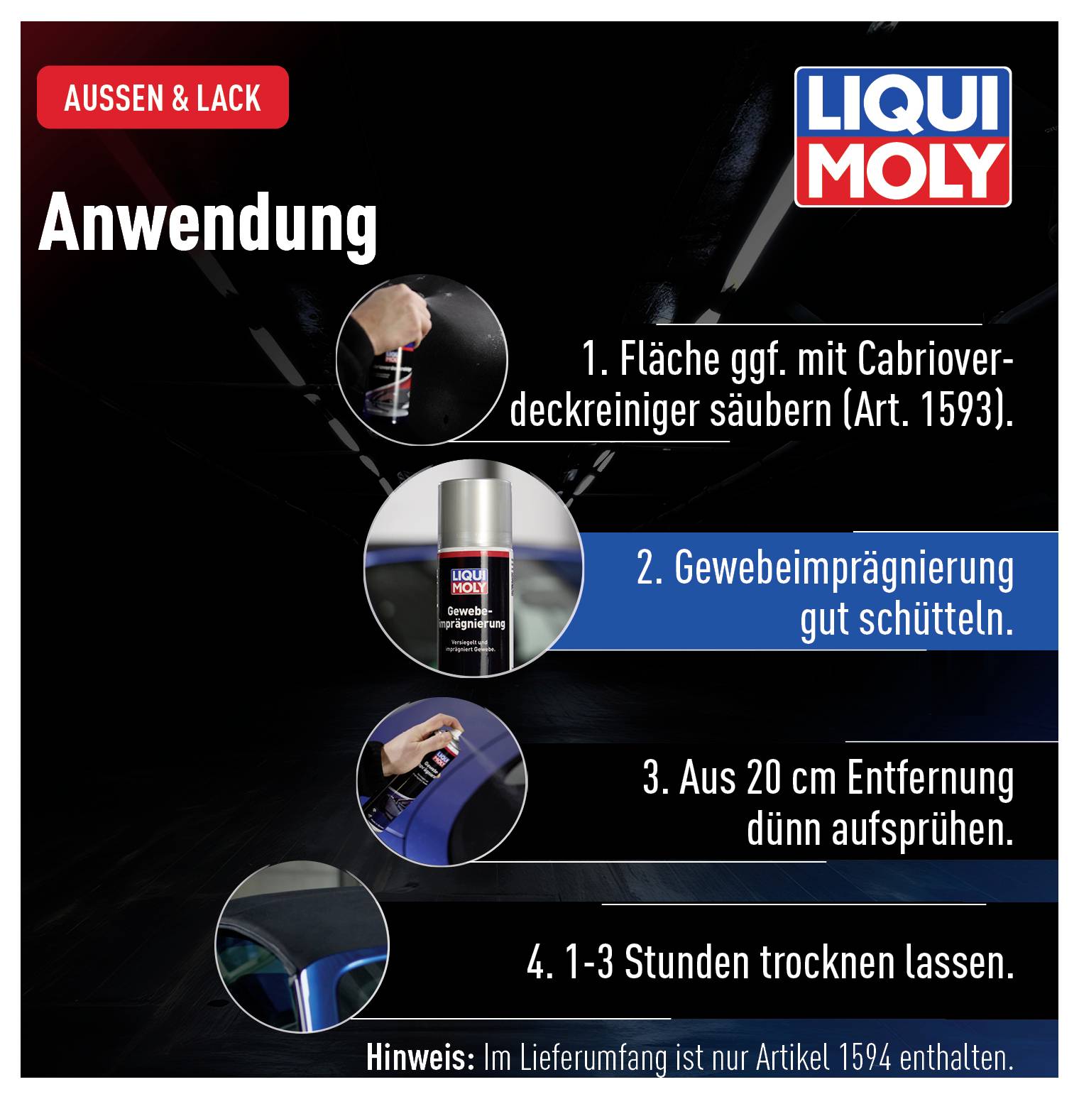 Anleitung zur Anwendung von Gewebeimprägnierung: Reinigen, gut schütteln, aus 20 cm sprühen, 1-3 Stunden trocknen lassen.