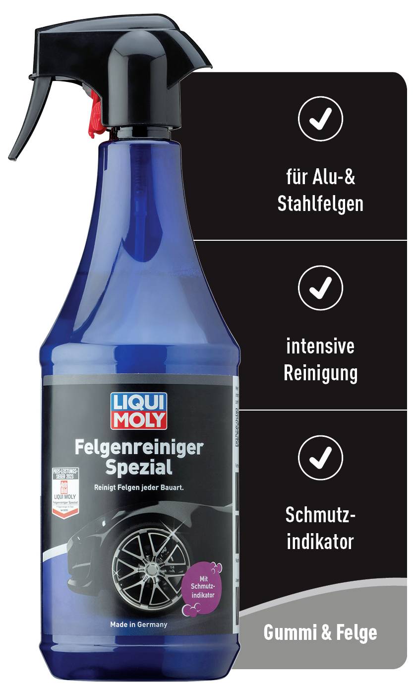 'LIQUI MOLY Felgenreiniger Spezial' Sprühflasche neben schwarzem Infopanel mit drei Häkchen. Infos: Für Alu- & Stahlfelgen, intensive Reinigung, Schmutzindikator.