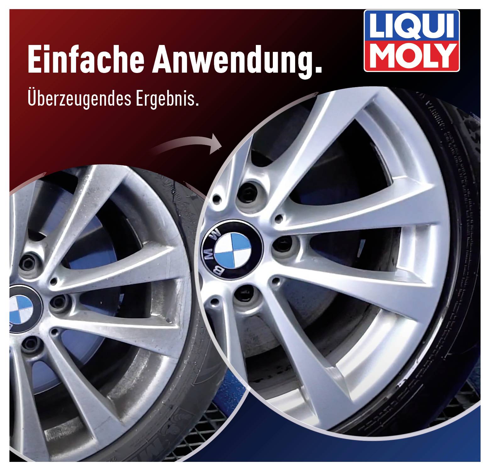 'Darstellung eines Autoreifens vor und nach der Anwendung eines Reinigungsprodukts von Liqui Moly. Text oben: 