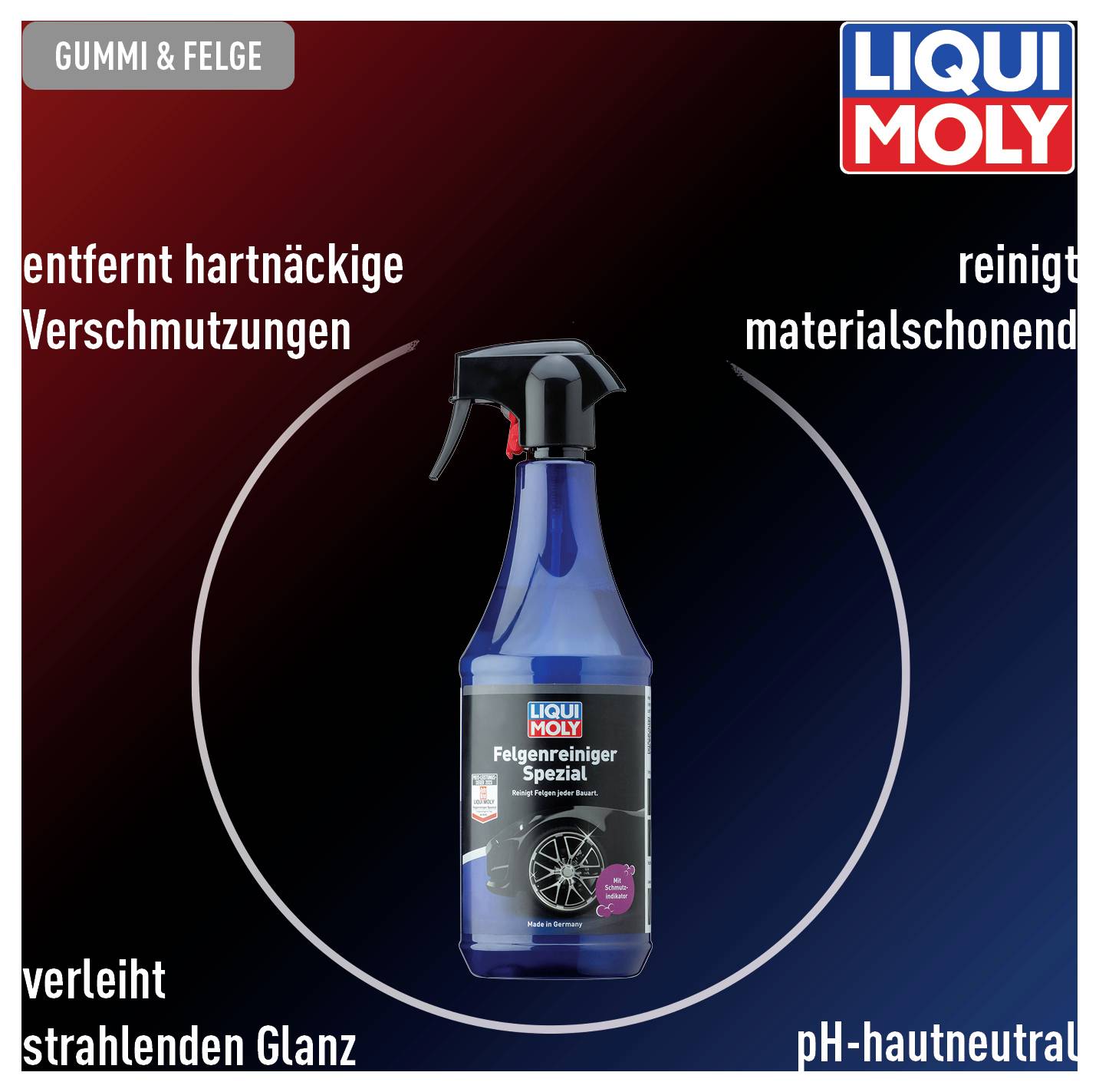 'LIQUI MOLY Felgenreiniger Spezial' Sprayflasche, verspricht hartnäckige Verschmutzungen zu entfernen, strahlenden Glanz zu verleihen und materialschonend sowie pH-hautneutral zu reinigen.