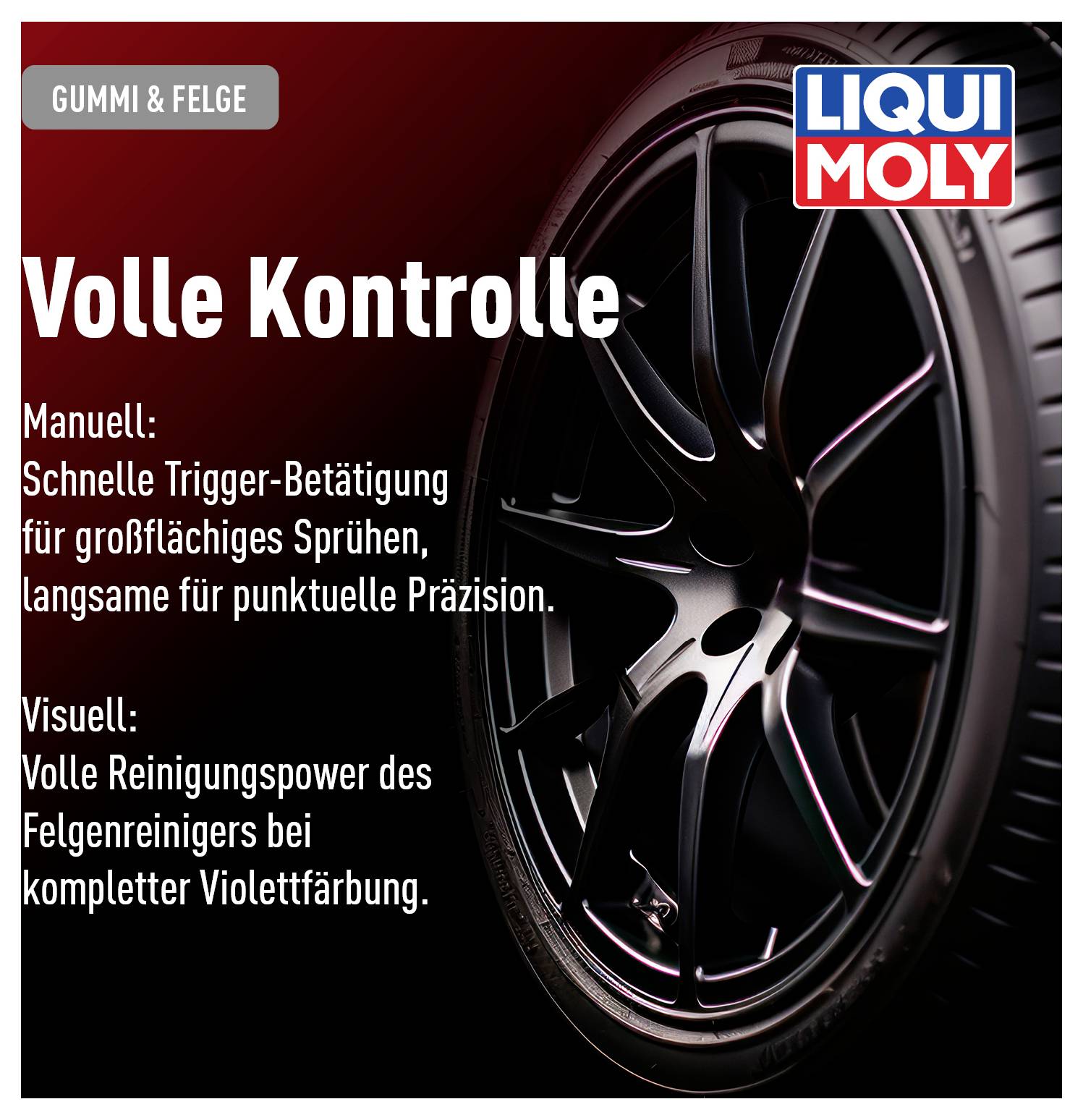 Werbung für Felgenreiniger von Liqui Moly; Bild einer schwarzen Felge mit Text über Kontrolle und Reinigungskraft