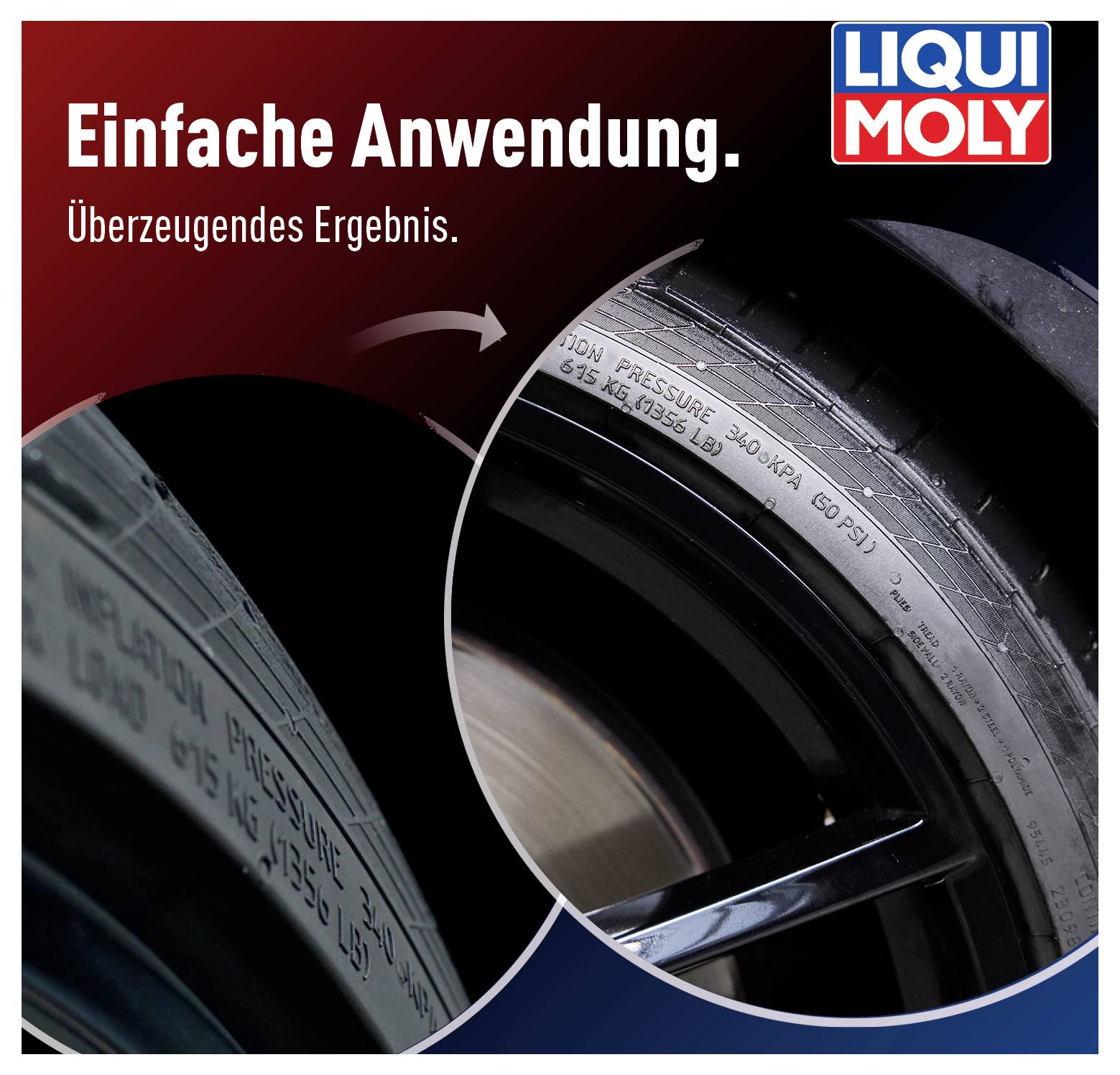 Reifen mit hervorgehobener Info zur empfohlenen Luftdruckangabe. Text: 'Einfache Anwendung. Überzeugendes Ergebnis.'
